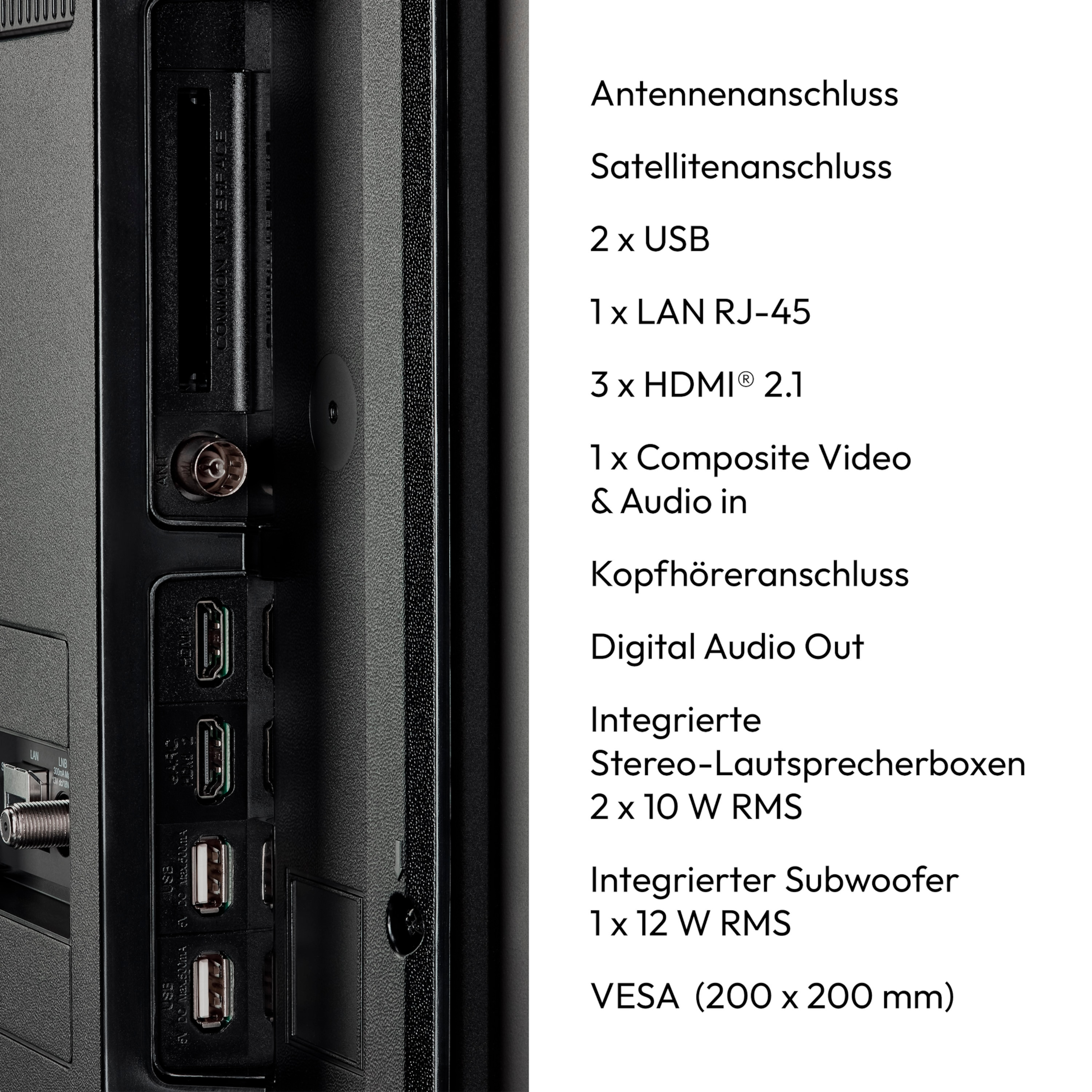 Achterpaneel van een tv met diverse aansluitpoorten, waaronder HDMI en USB, en tekstlabels.