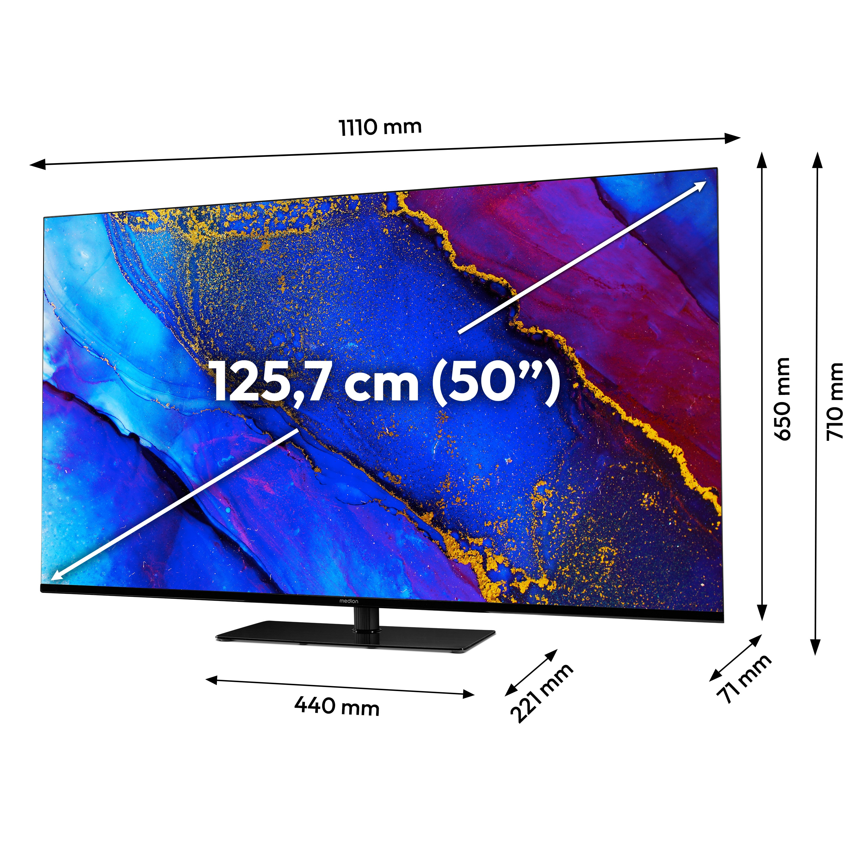 Een 50-inch tv met een zwarte standaard. Afmetingen met pijlen: 1110mm, 650mm, 710mm, 440mm, 221mm, 71mm.