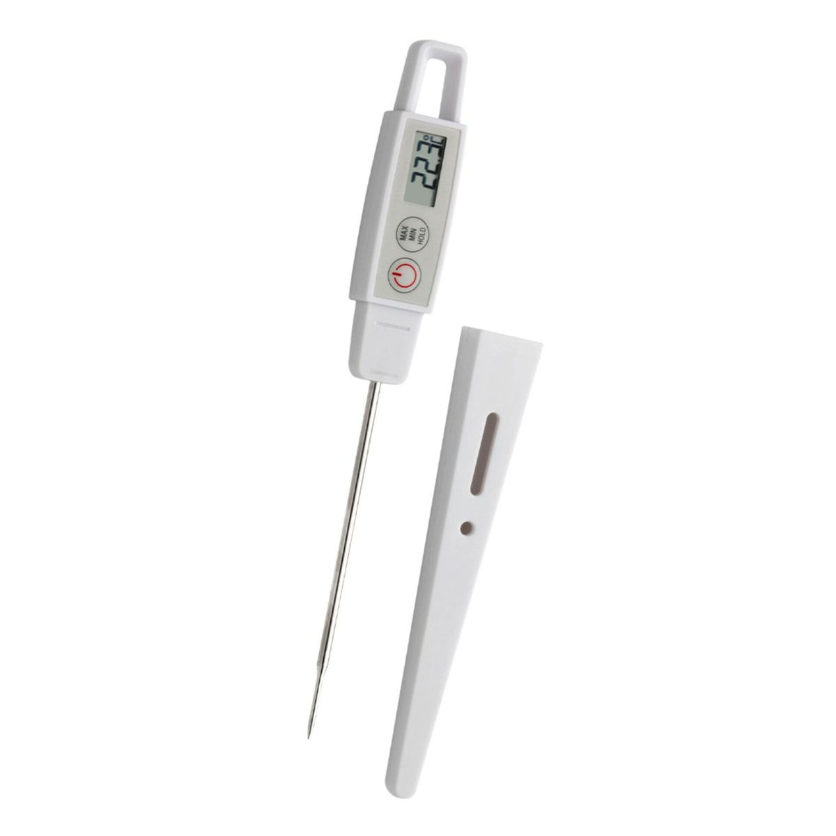 Digitales Thermometer mit weißem Gehäuse und Sonde. Anzeige zeigt 22,3. Weißer Hintergrund.