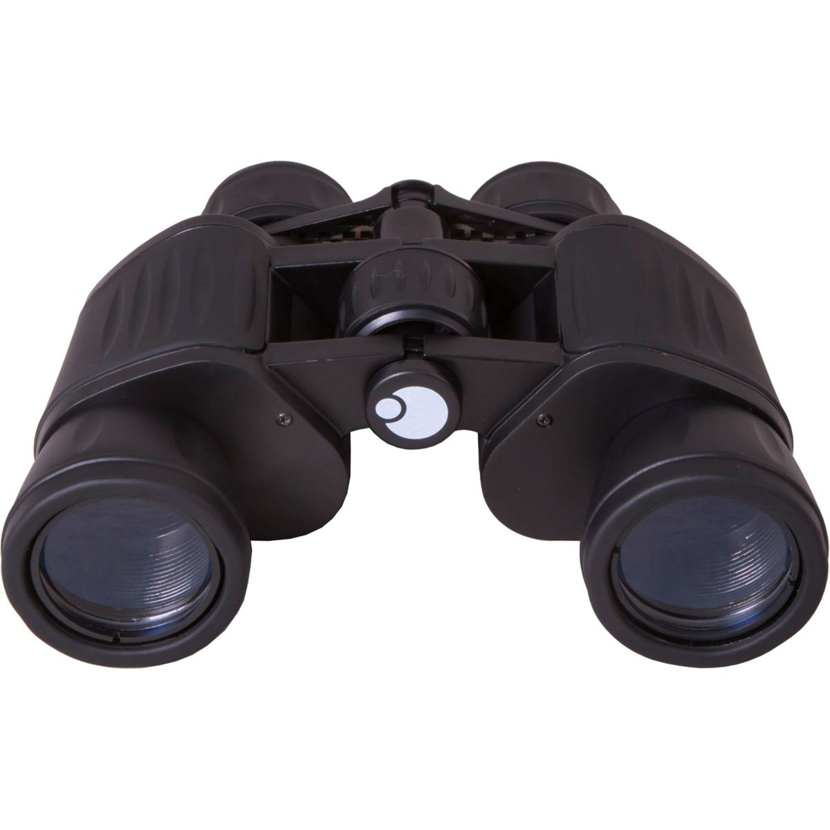 Binocolo nero, vista dall'alto, sfondo bianco. Sono visibili i dettagli delle lenti e degli oculari.