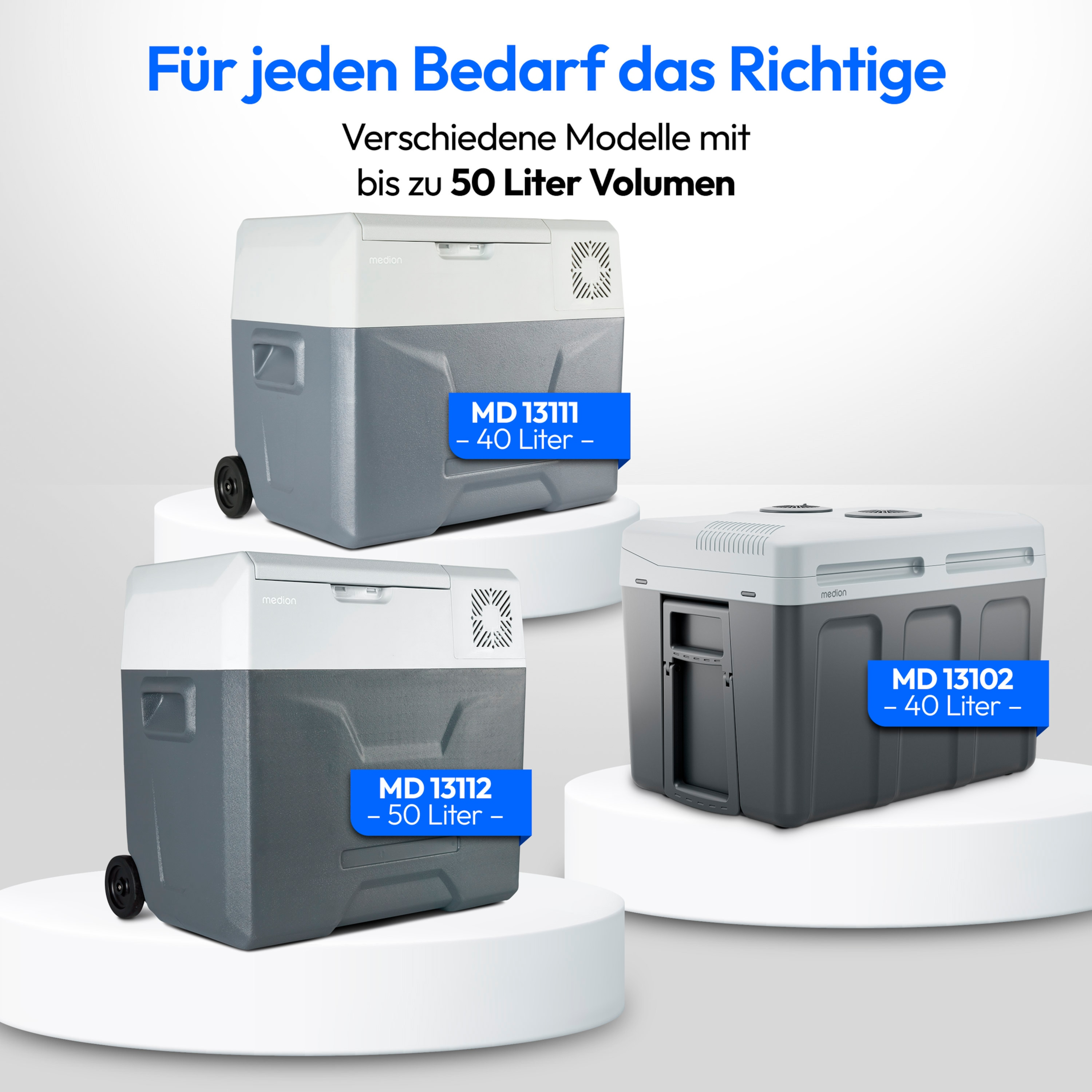 Drei Kühler, grau und weiß, mit Text. Text: Für jeden Bedarf das Richtige.