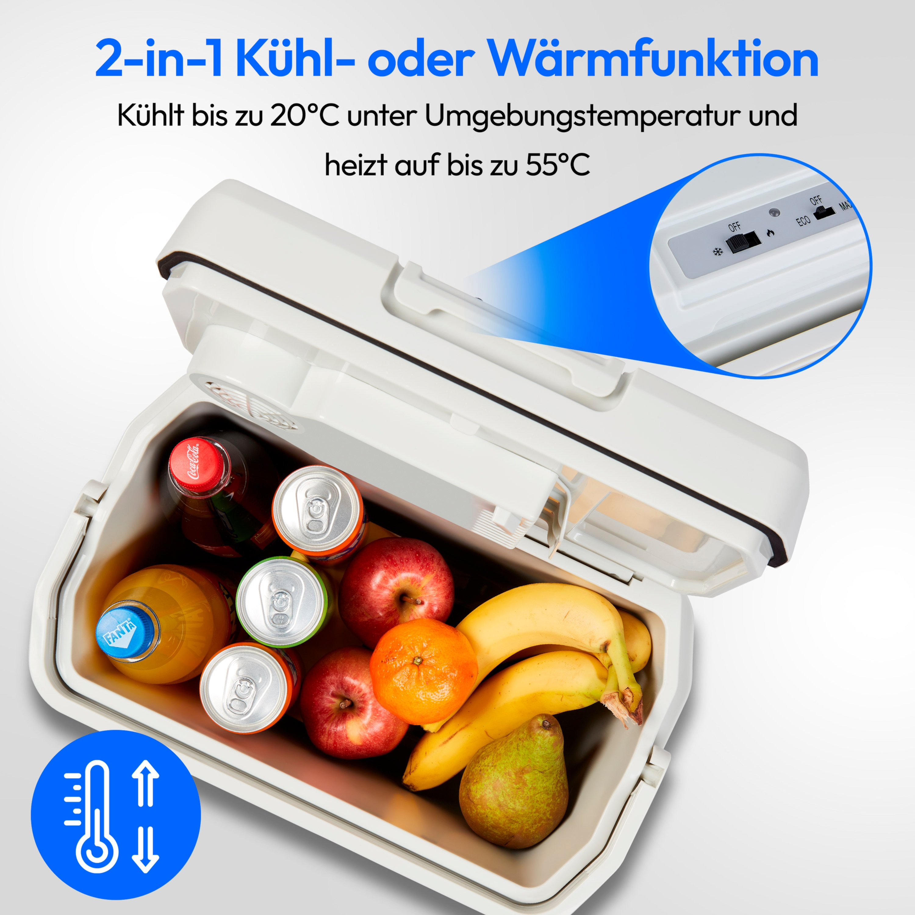 Kühlbox, offen, mit Getränken und Obst. Text: 2-in-1 Kühl- oder Wärmefunktion.