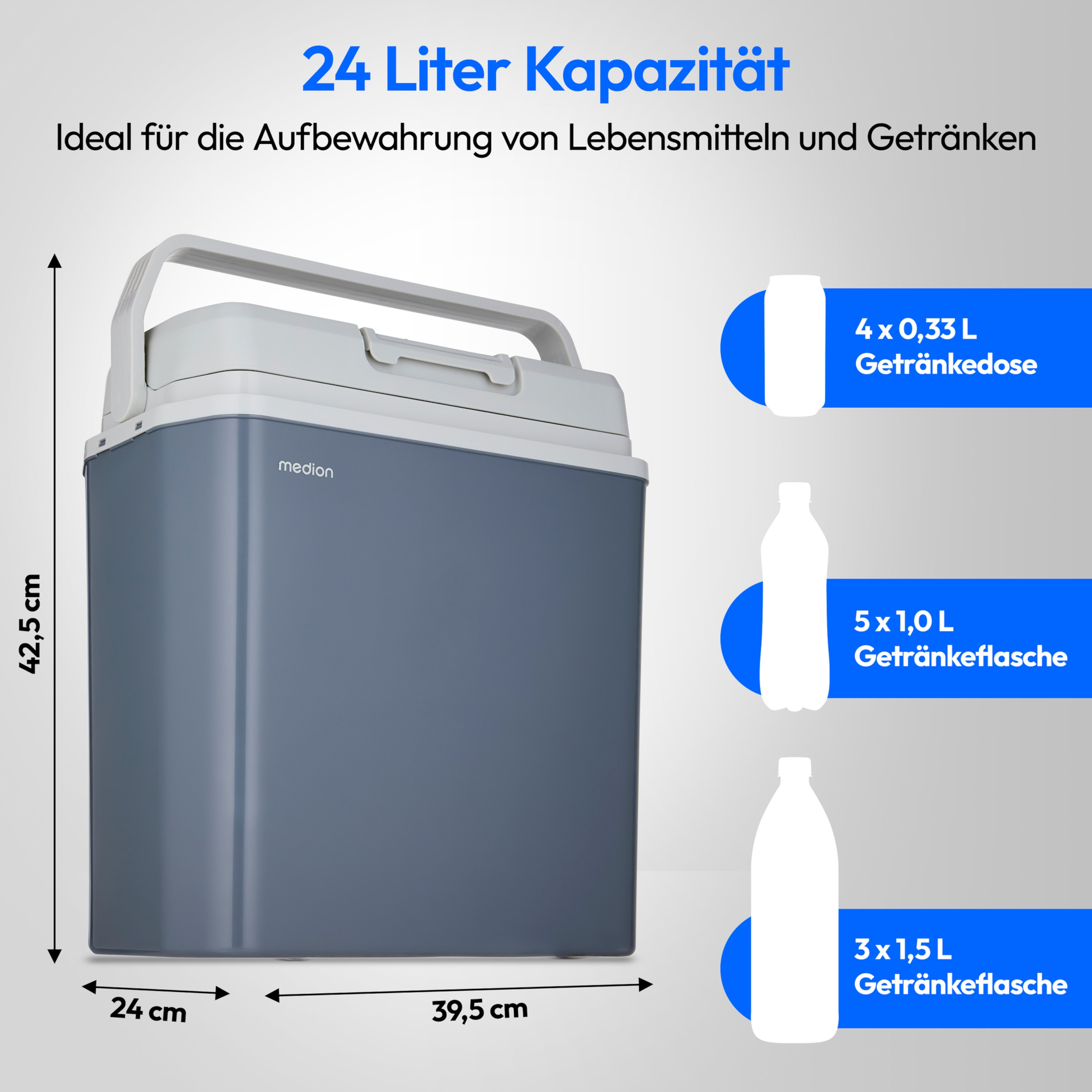 Kühlbox, grau und weiß. Text: 24 Liter Fassungsvermögen. Abmessungen und Getränkebeispiele.