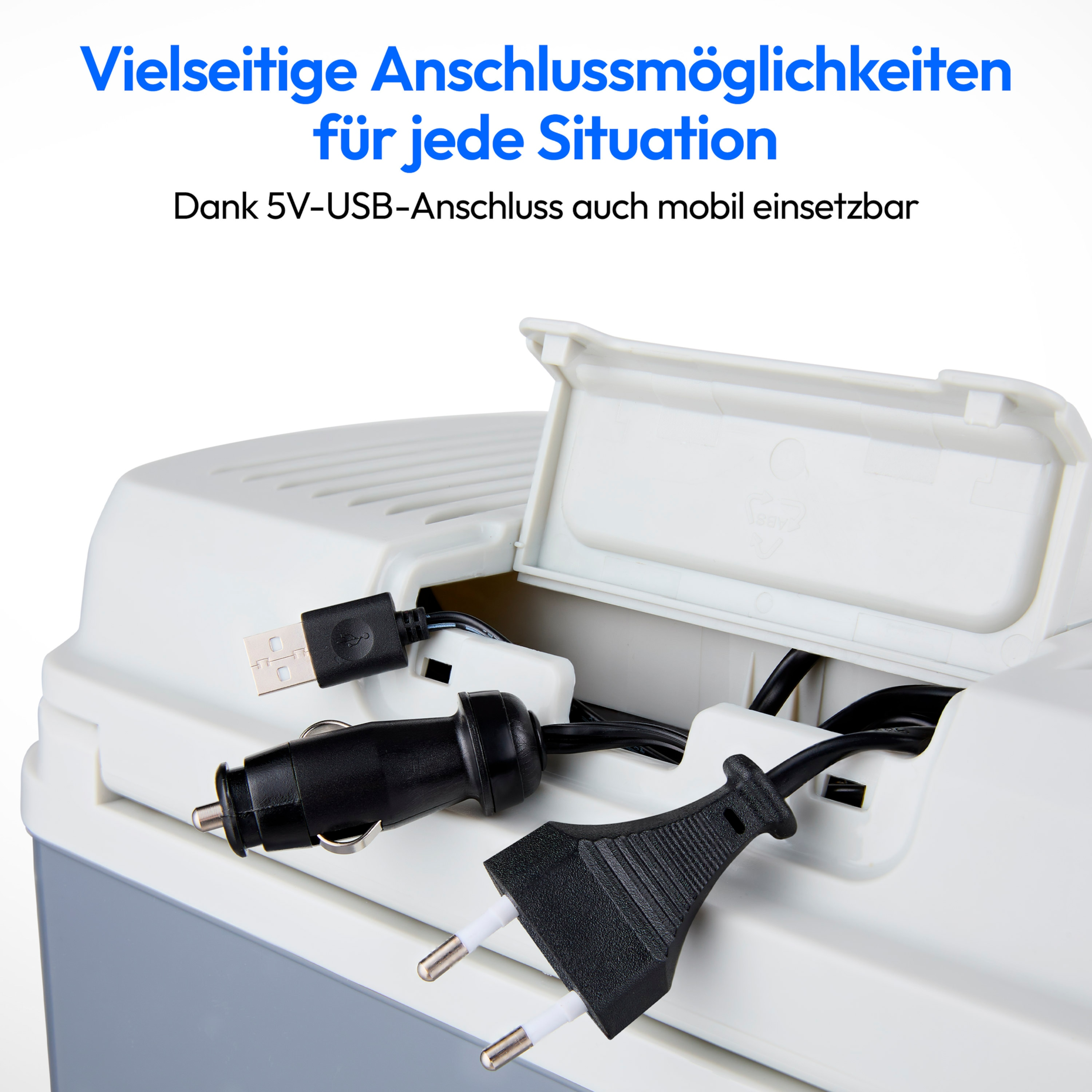 Weißer Kühler mit USB, Zigarettenanzünder und Netzkabel. Text: vielseitige Anschlussmöglichkeiten.