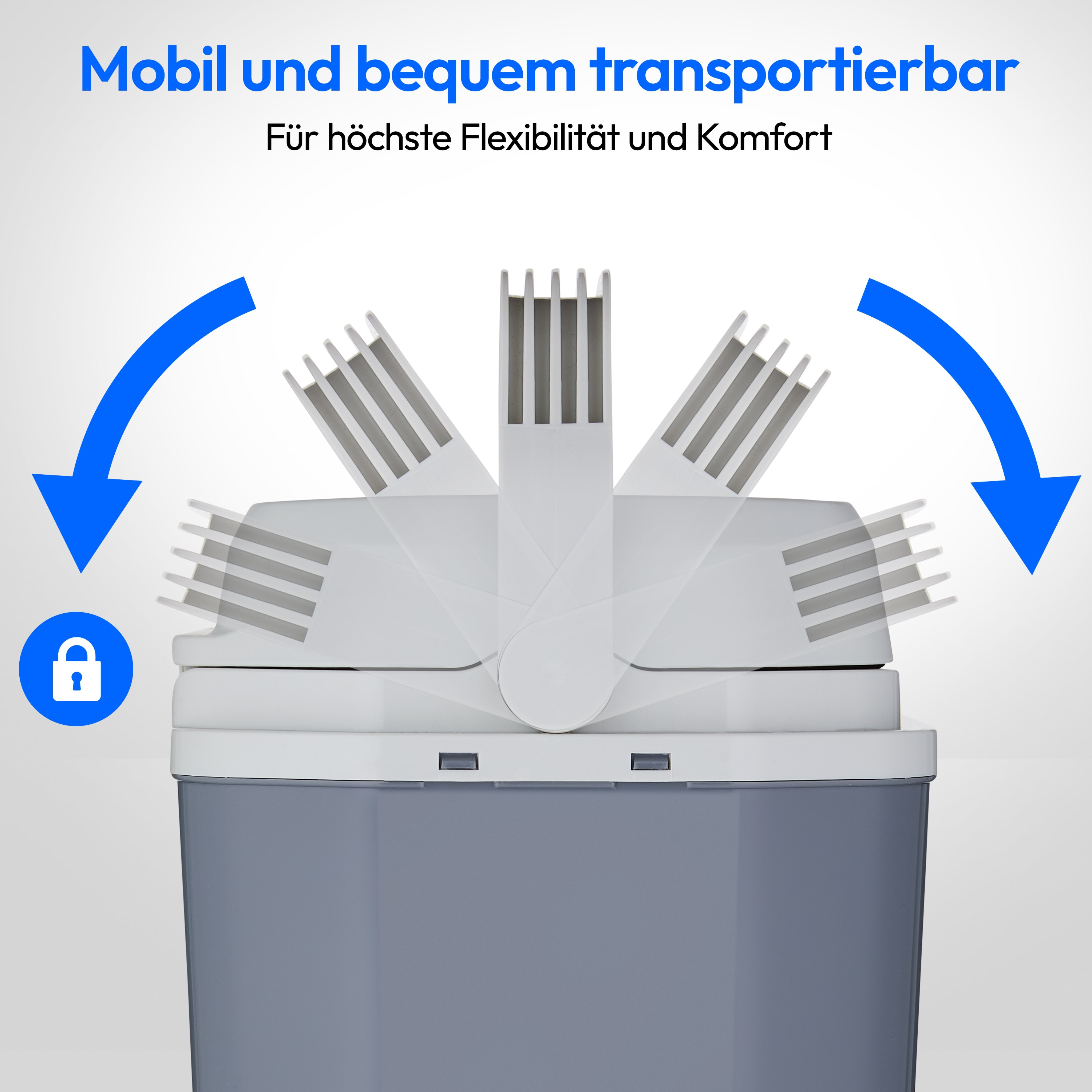 Weißer und grauer Kühler mit Pfeilen, die den Klappgriff anzeigen. Text: mobil und leicht zu transportieren.