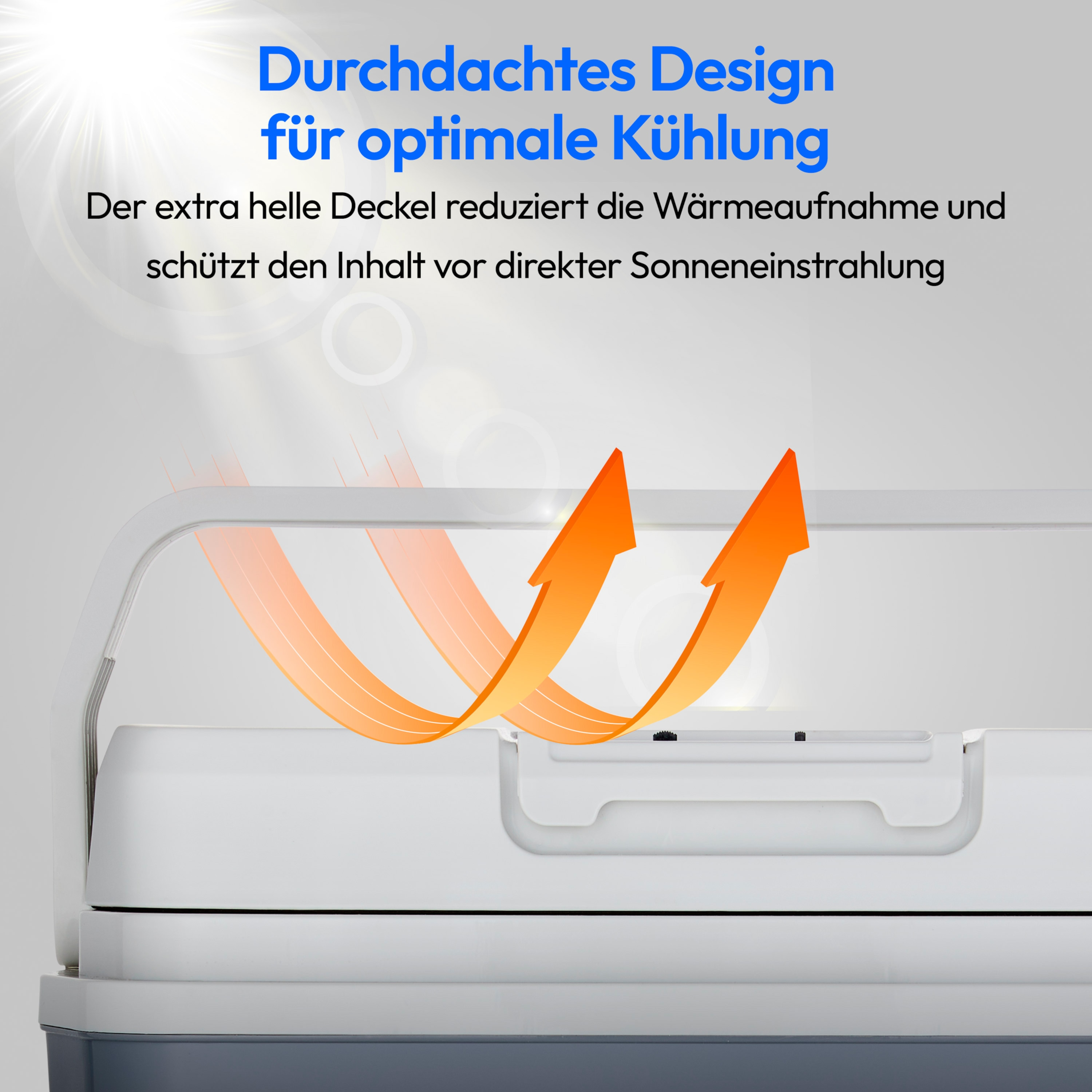 Nahaufnahme eines weißen Kühlboxdeckels mit orangefarbenen Pfeilen, die den Luftstrom anzeigen.