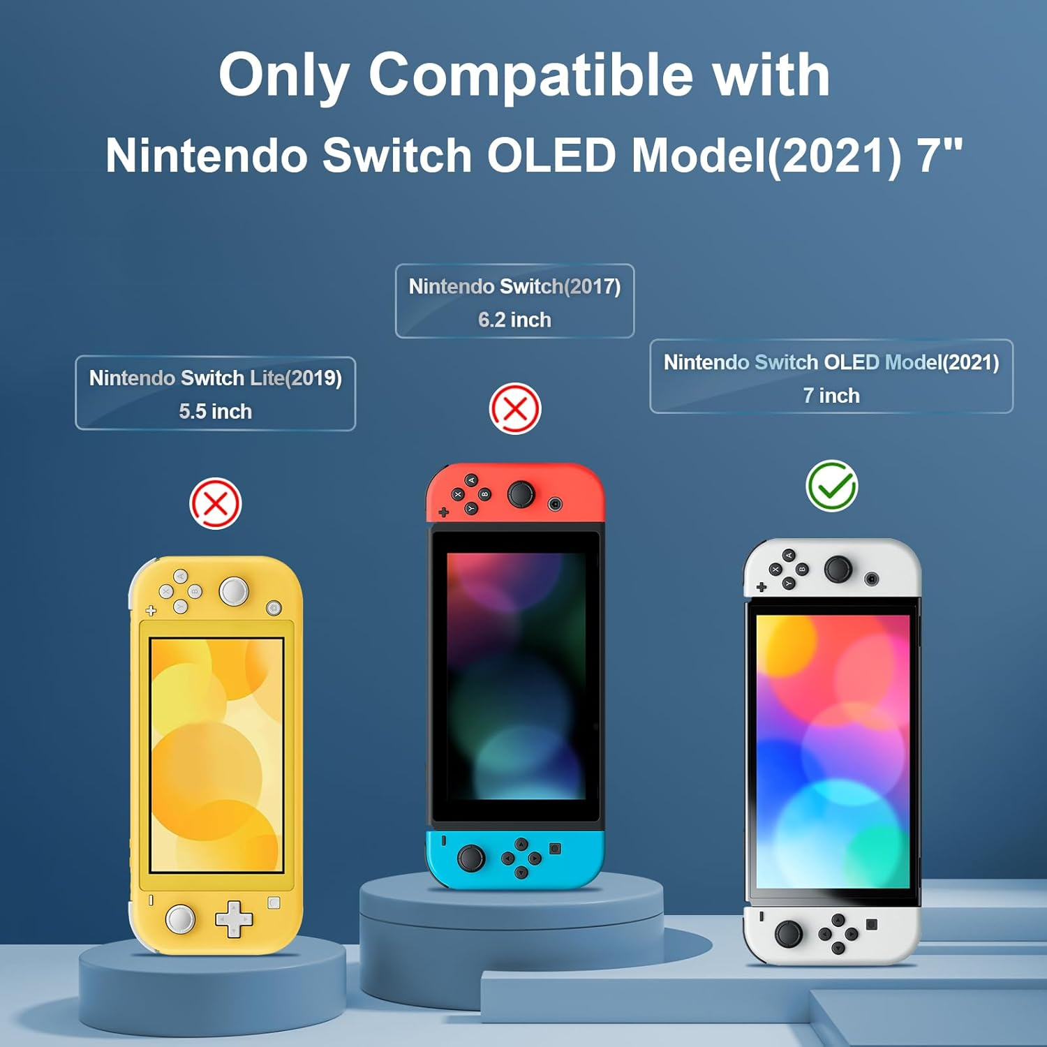 Bildvergleich von Nintendo Switch-Modellen. Nur das OLED-Modell ist kompatibel.