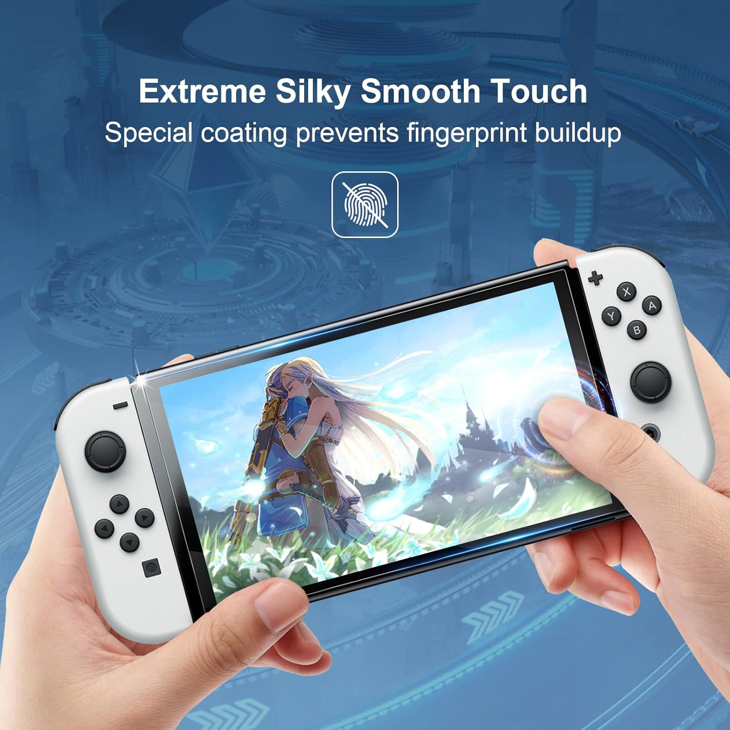 Person hält ein Nintendo Switch OLED mit Displayschutzfolie und zeigt ein Spiel.