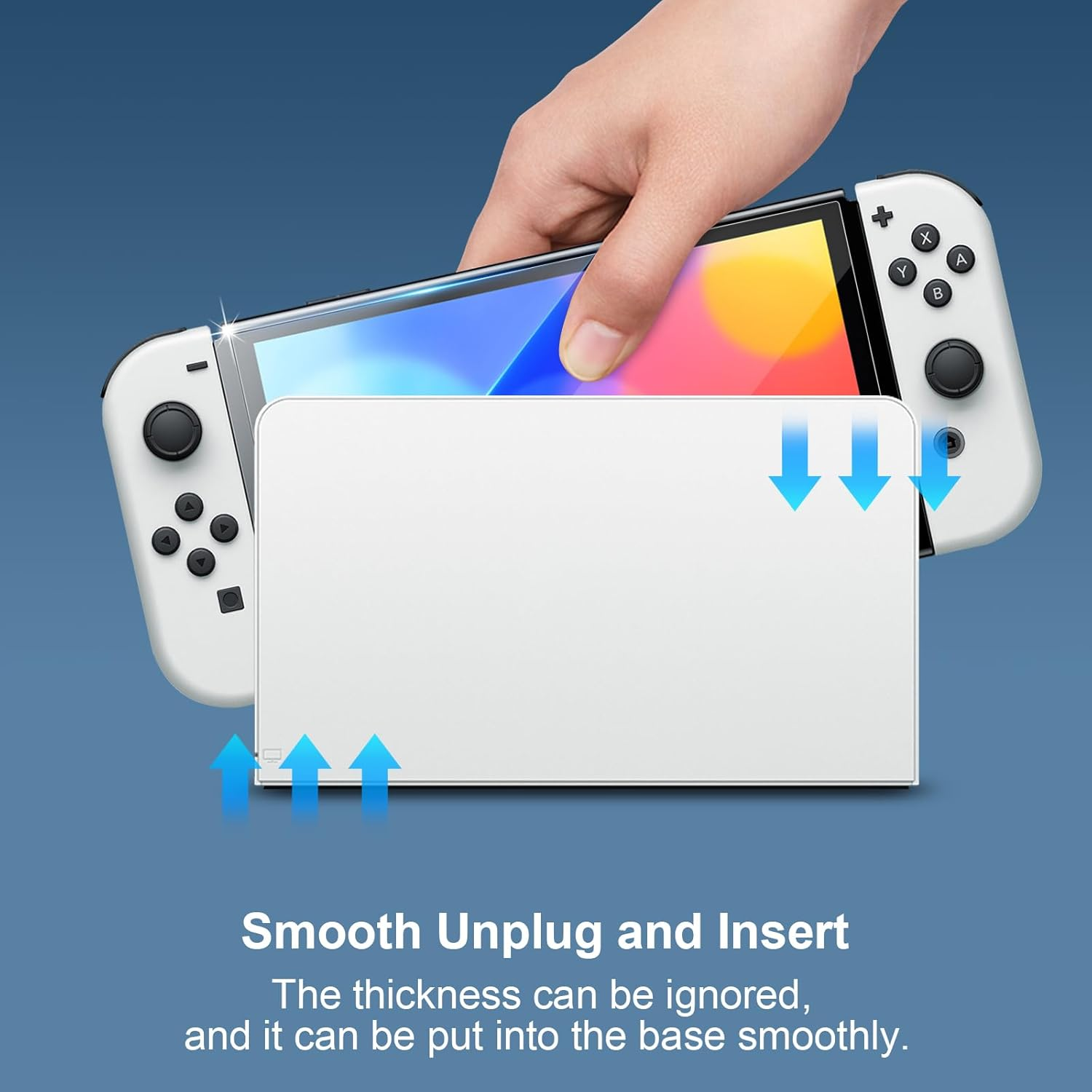 Nintendo Switch-Konsole wird in eine weiße Basis eingesetzt. Text: sanftes Abziehen und Einsetzen.