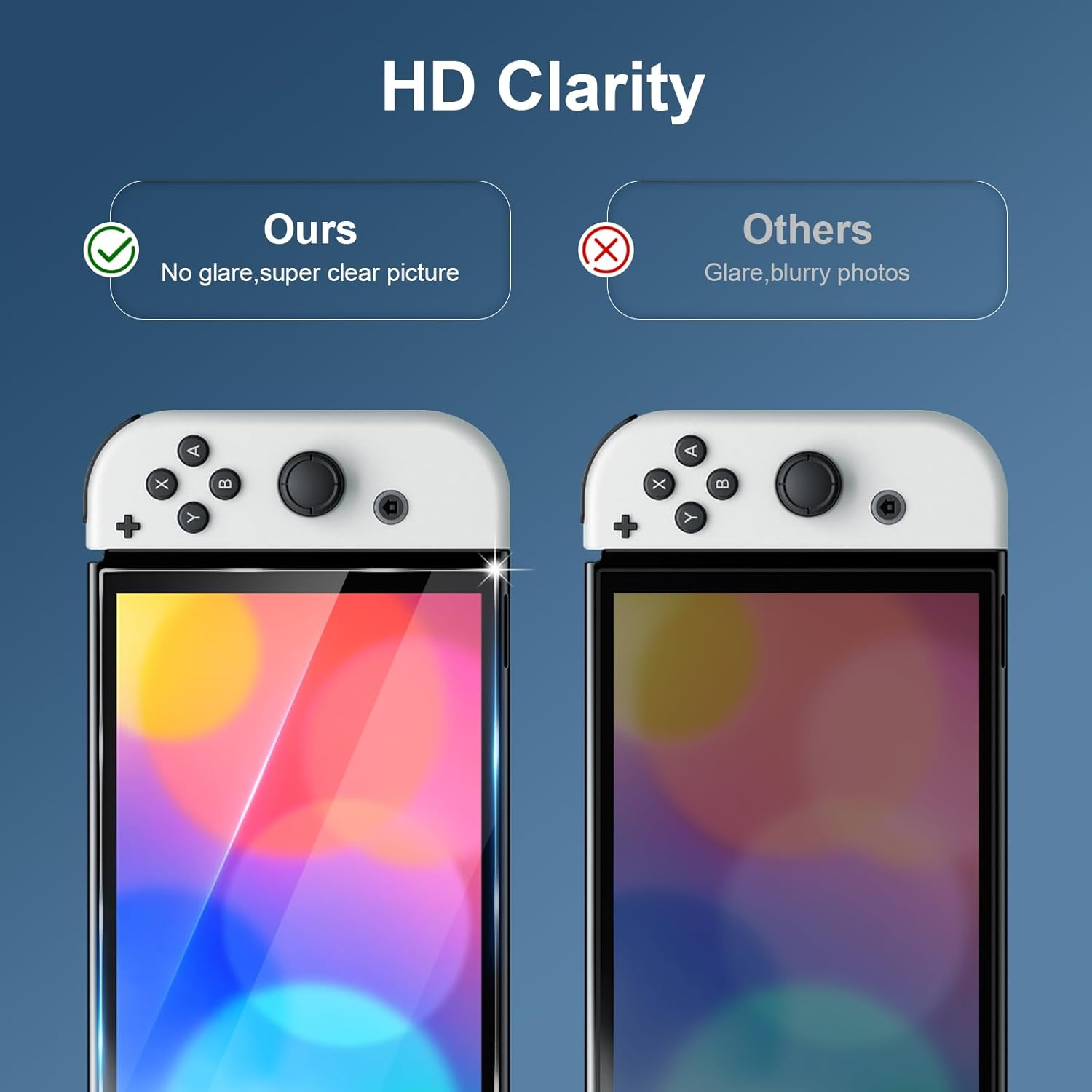 Zwei Nintendo Switch-Konsolen nebeneinander, die HD Clarity mit einem Vergleich zeigen.