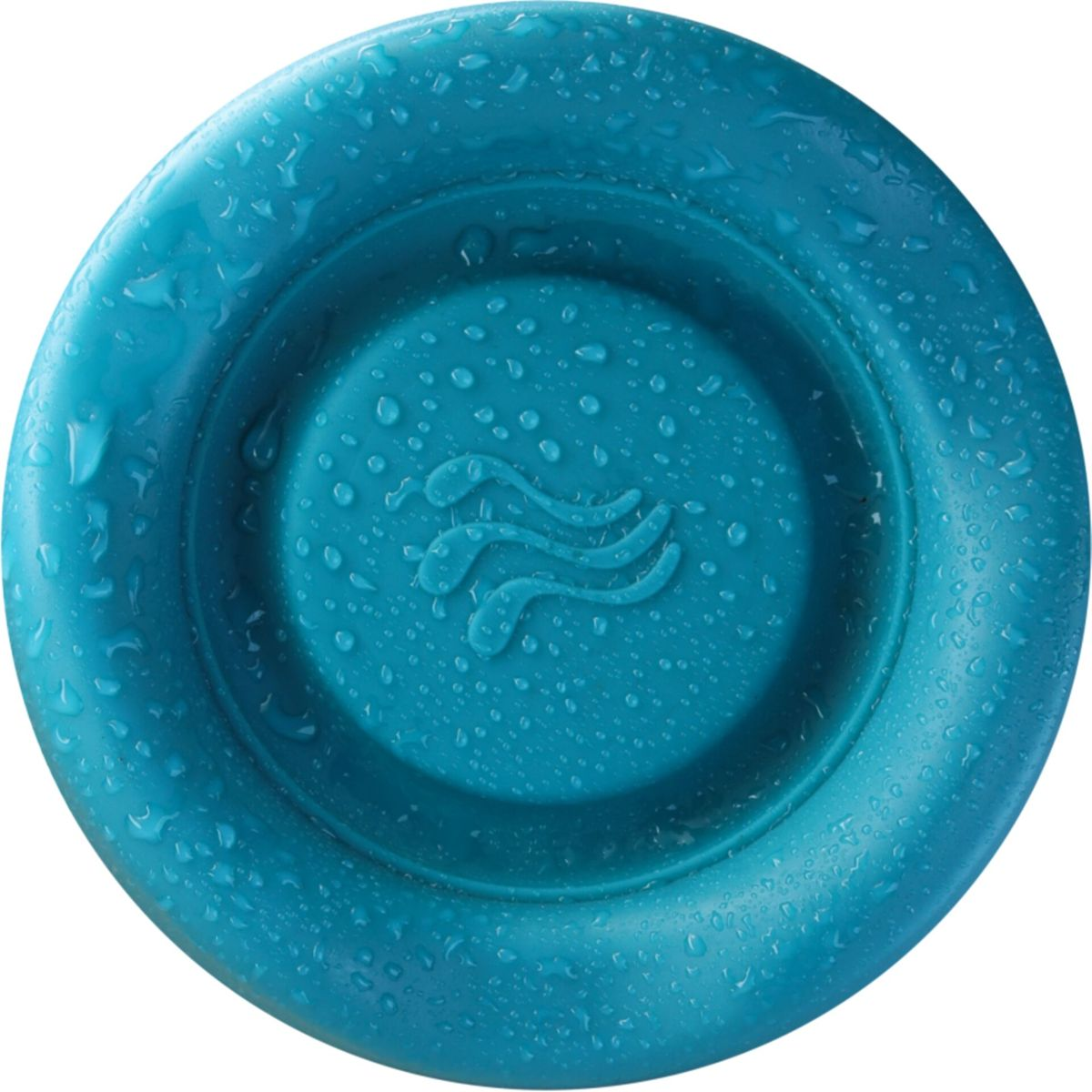 Un top altoparlante blu con gocce d'acqua e il simbolo dell'onda. Sfondo bianco.