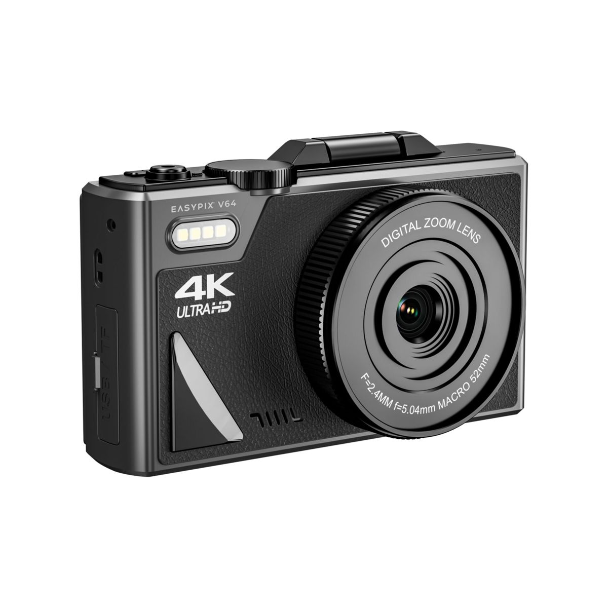 Black digital camera with a lens and a flash. It has a screen and buttons. The camera is on a white background.
