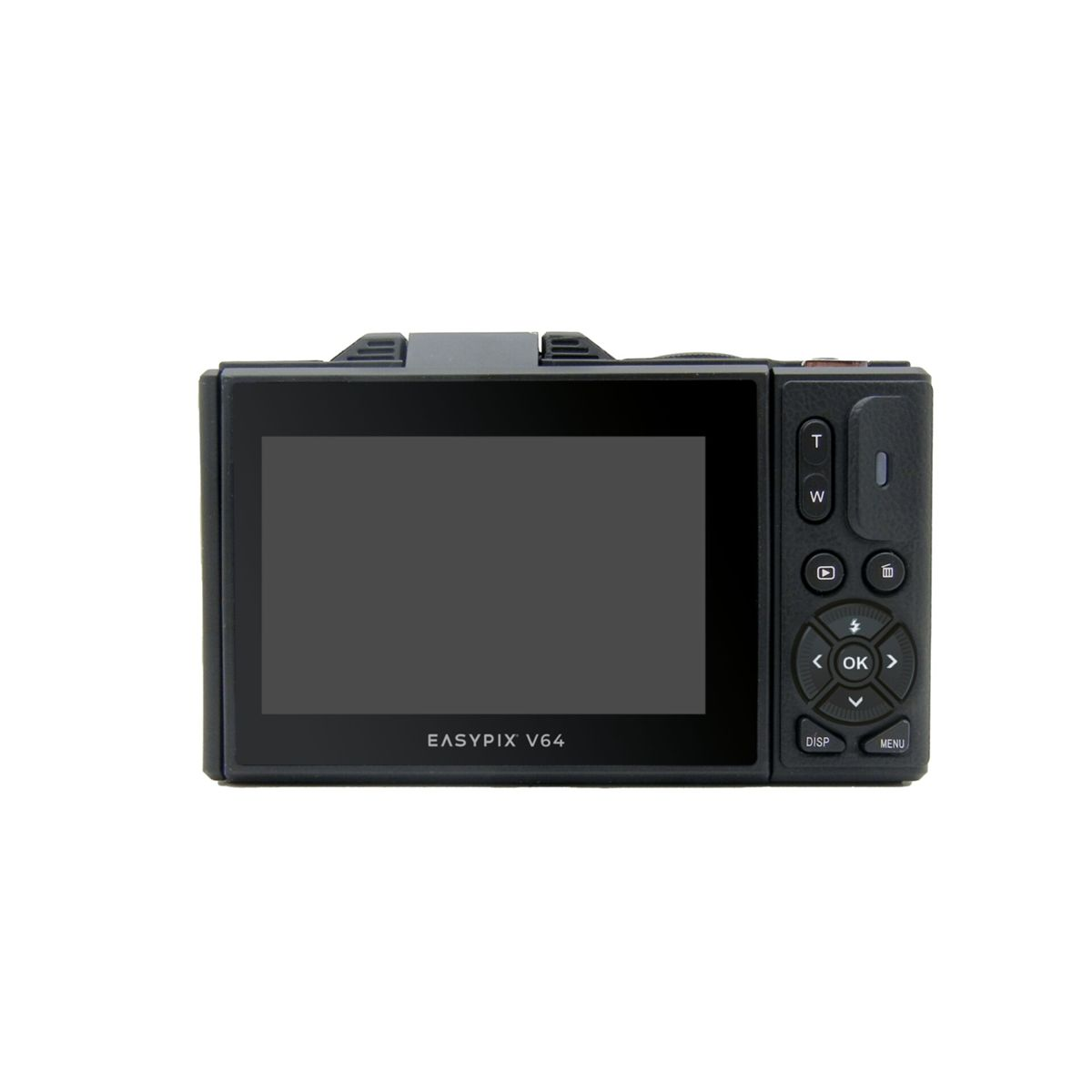 Black EasyPix V64 camera on a white background, buttons visible, screen off.