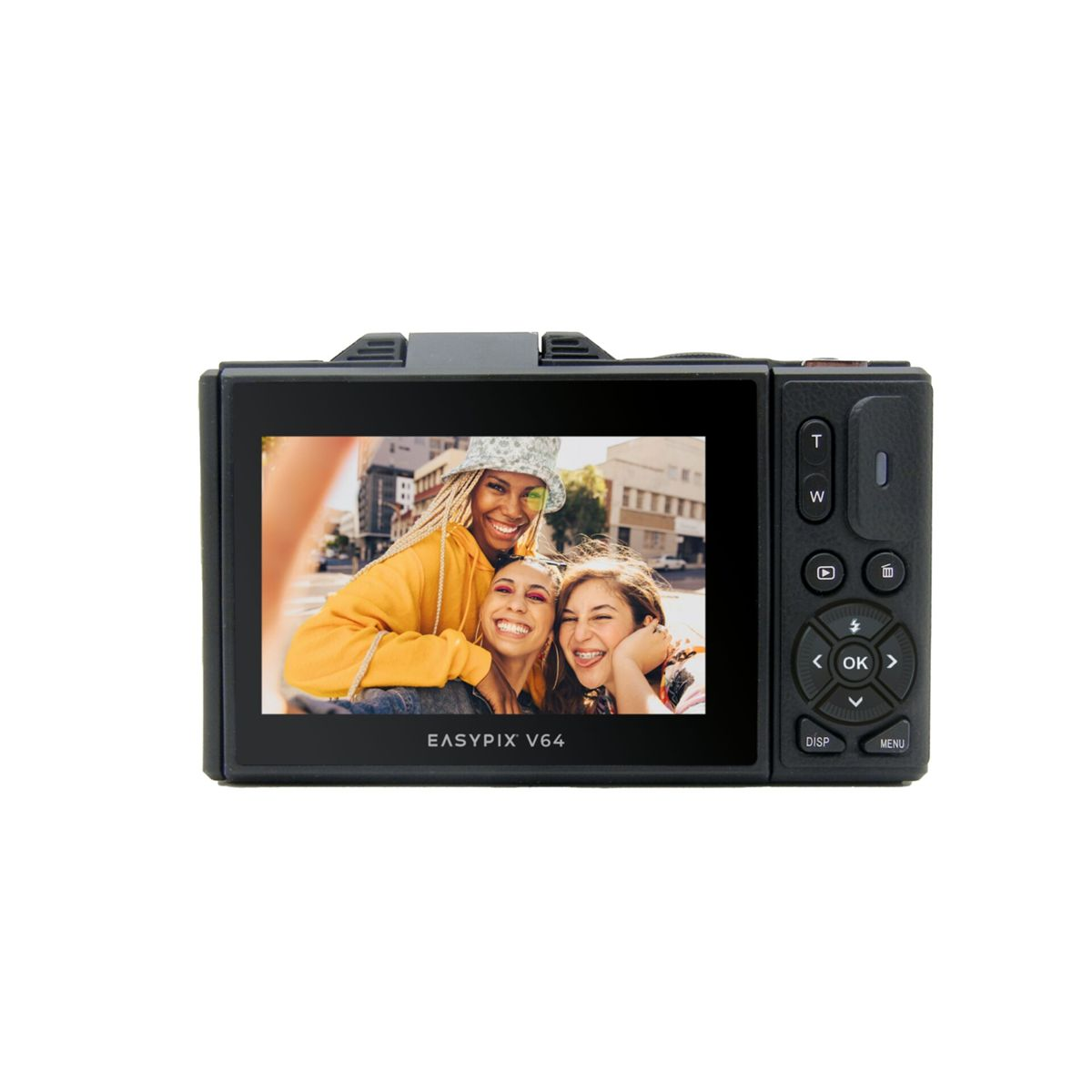 Black digital camera with a screen showing three people smiling. It has buttons and is on a white background.