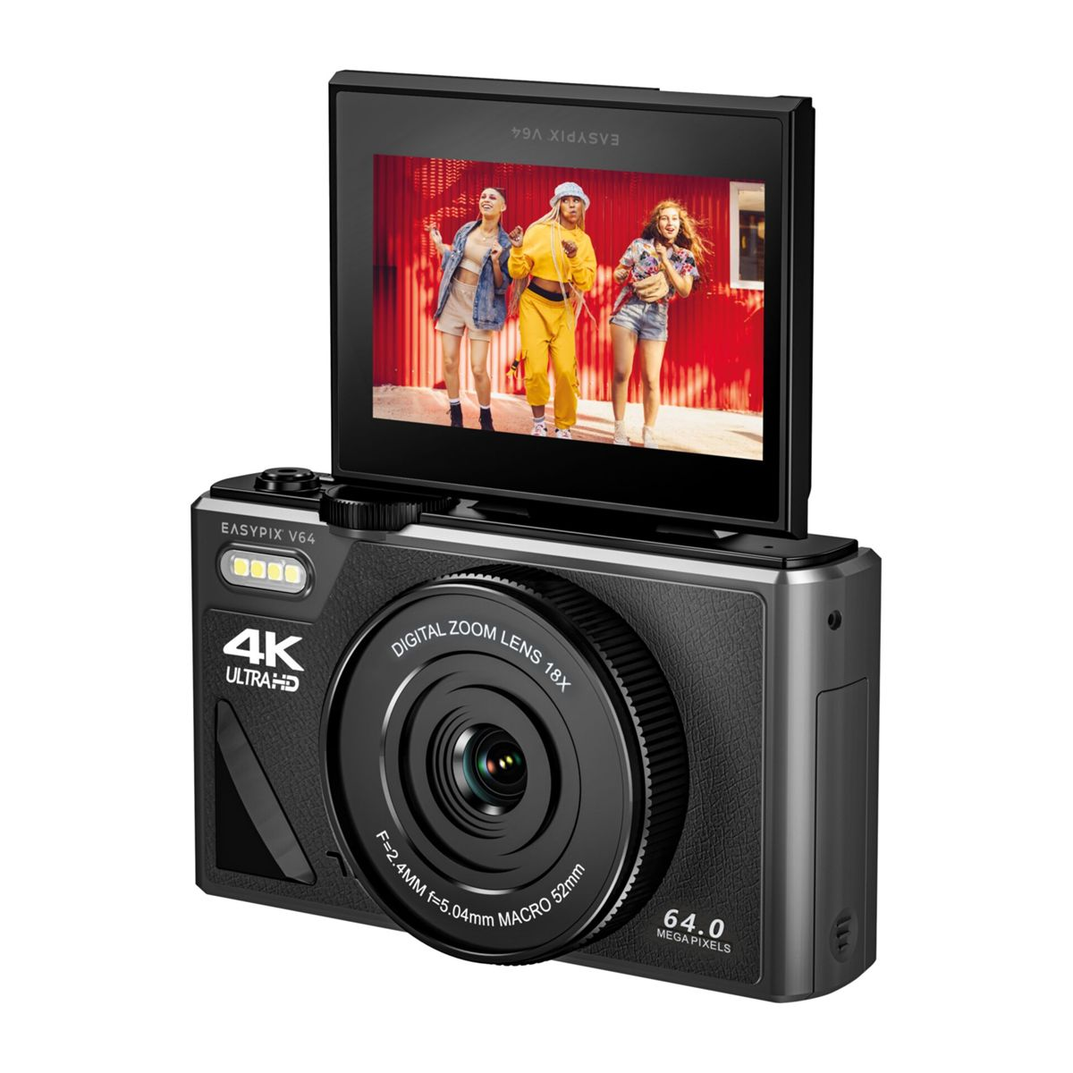A black digital camera with the screen open, displaying an image of three people. It has a lens and buttons.