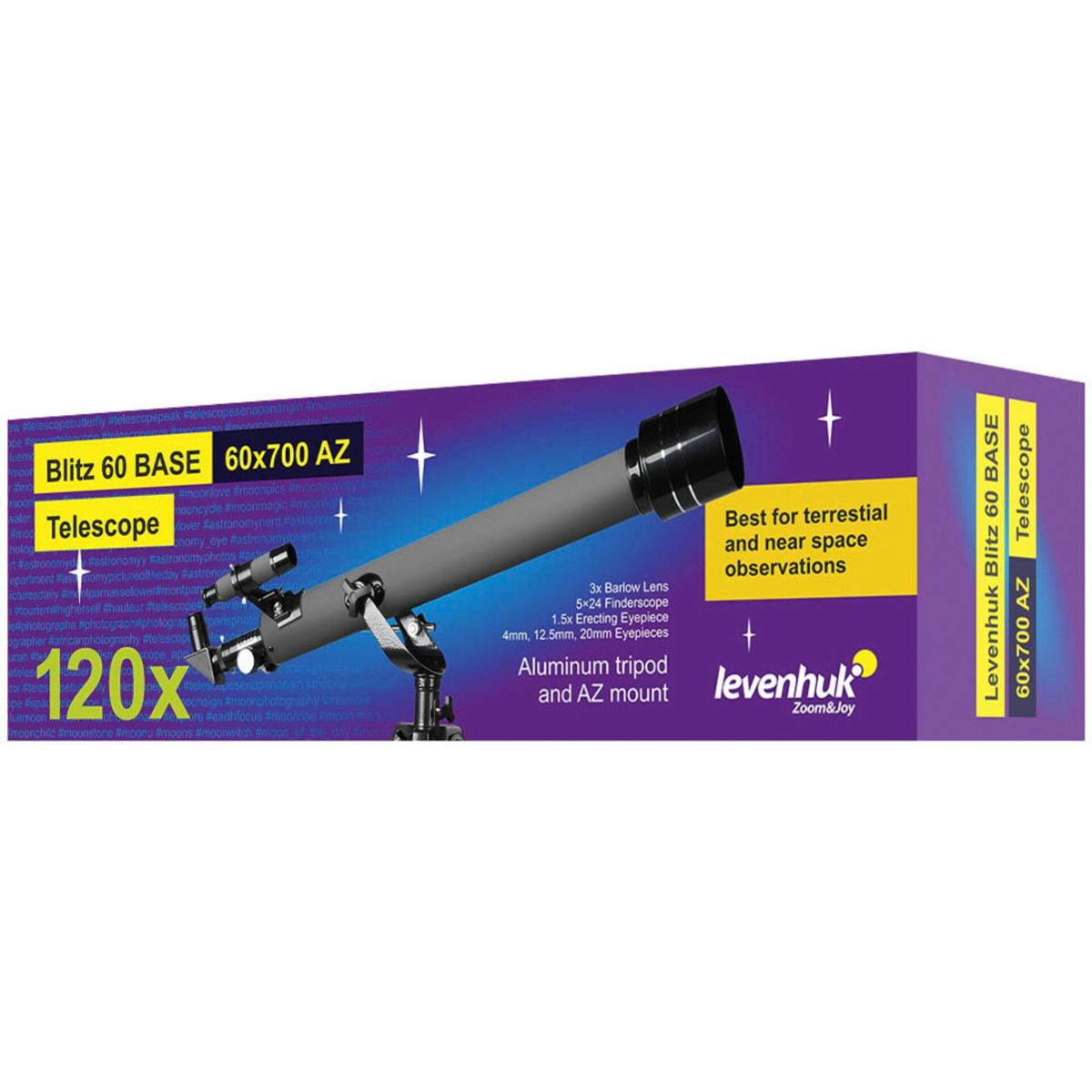 Un telescopio en una caja con la marca Levenhuk. La caja es morada con texto blanco y una imagen del telescopio.