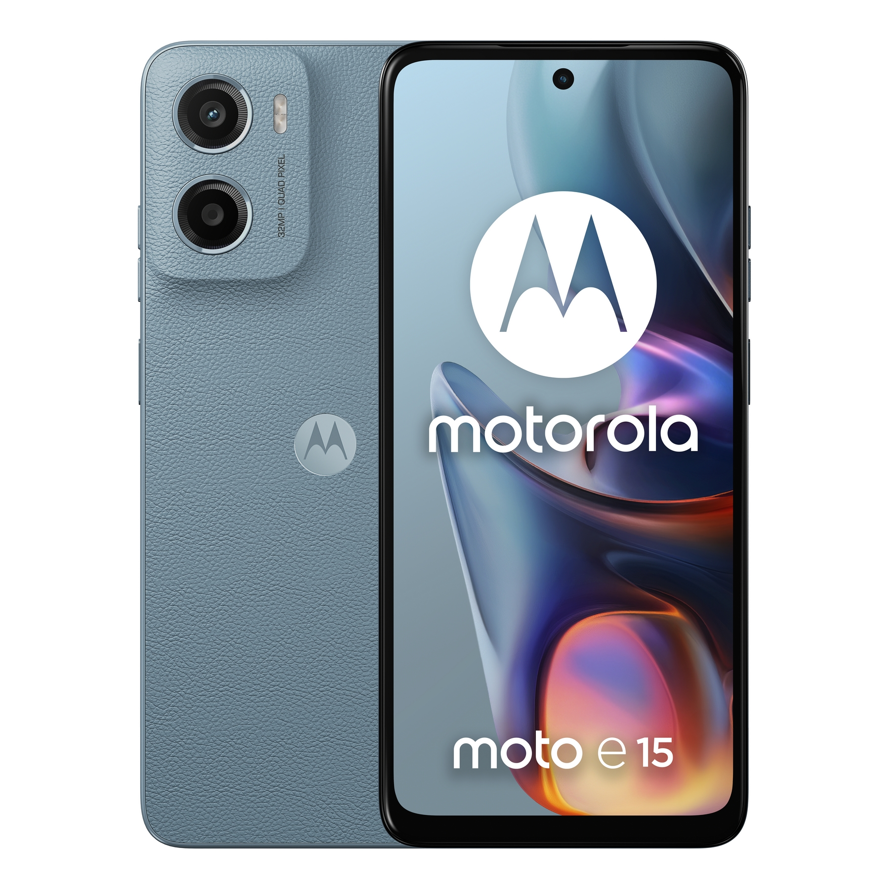 Smartfon Motorola Moto e15, widok z tyłu i z przodu.