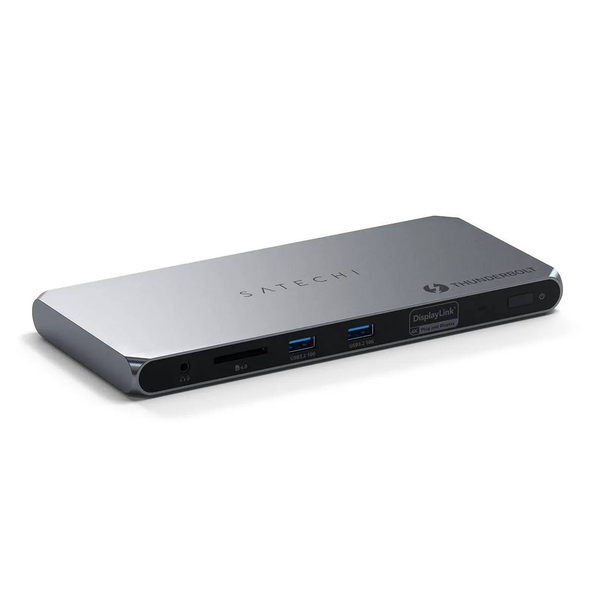 Silberner Satechi Thunderbolt-Hub mit verschiedenen Anschlüssen und einem Thunderbolt-Logo. Strom-, USB- und Display-Anschlüsse sind sichtbar.