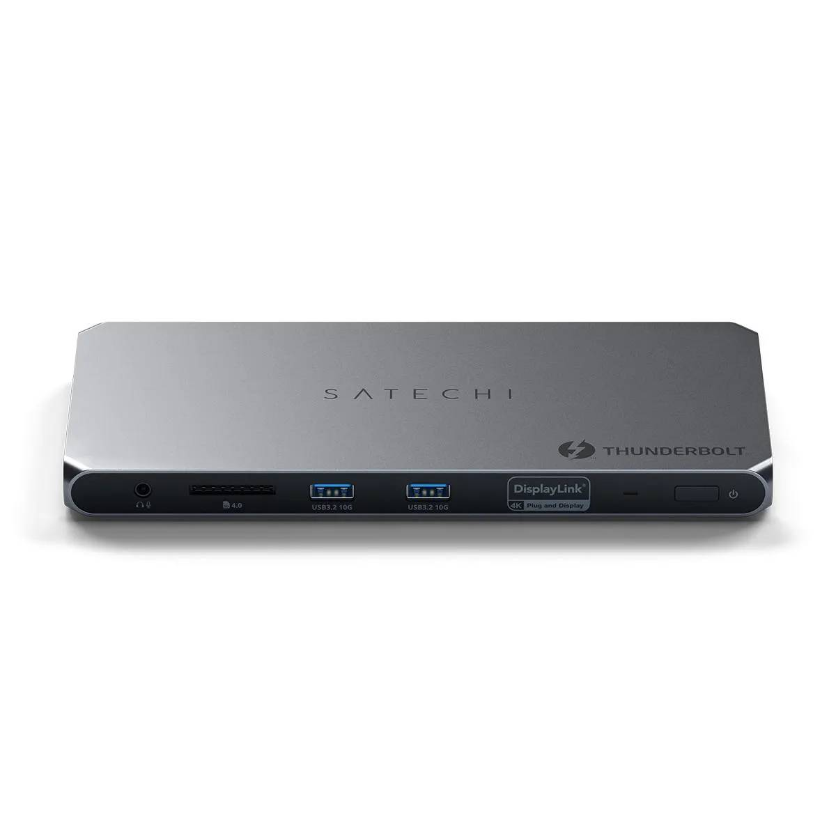 Silberner Satechi Thunderbolt-Hub mit mehreren Anschlüssen. Enthält USB-, Audio-, Display- und Stromanschlüsse.