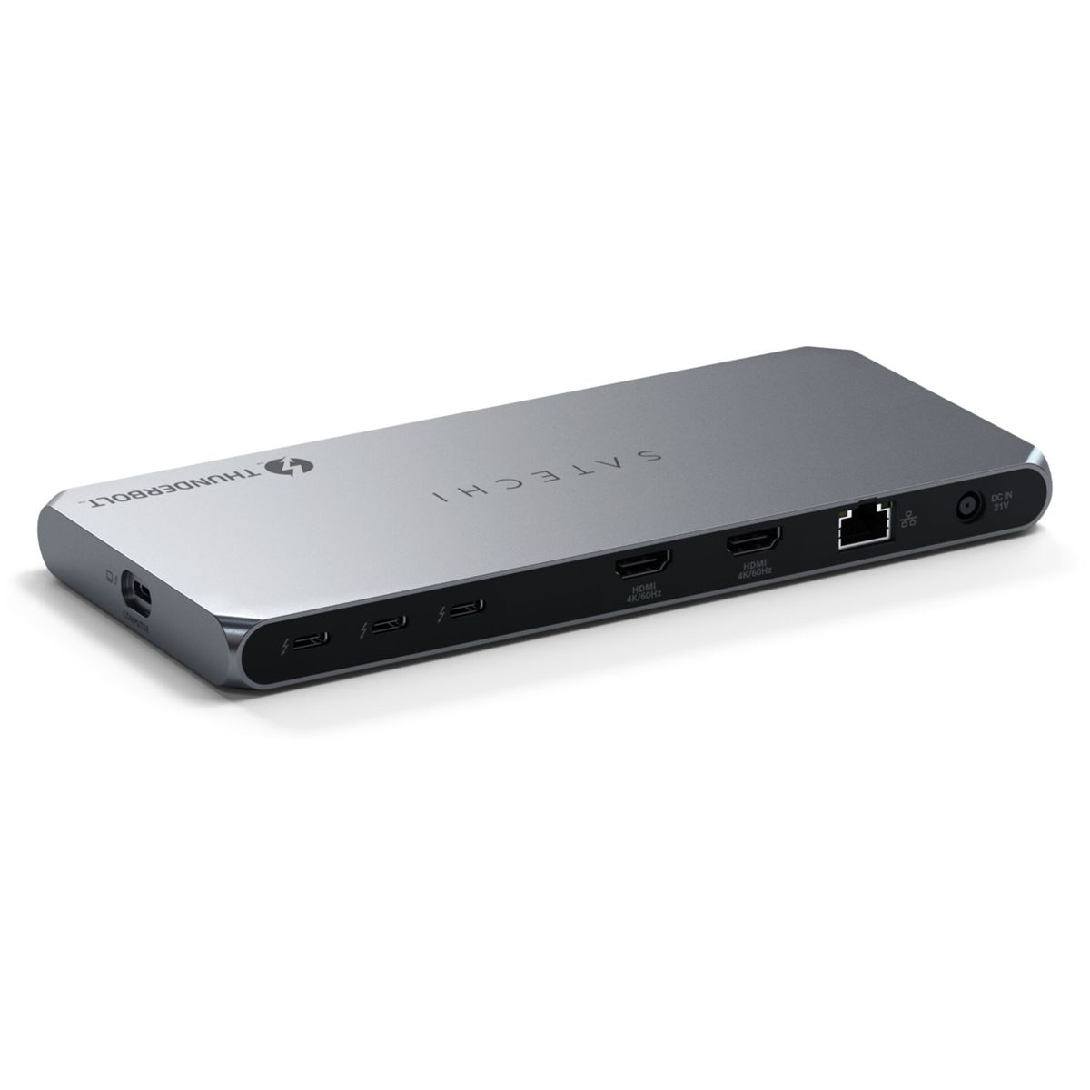 Silberner Satechi Thunderbolt-Hub mit mehreren Anschlüssen. Verfügt über einen Stromanschluss, HDMI- und Ethernet-Anschlüsse.