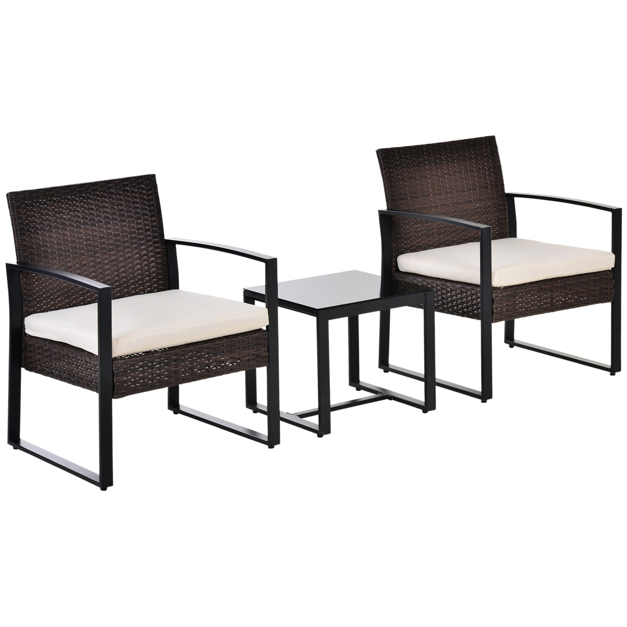 Gartenmöbel-Set. Zwei braune Korbstühle und ein kleiner schwarzer Tisch. Schwarze Metallrahmen.