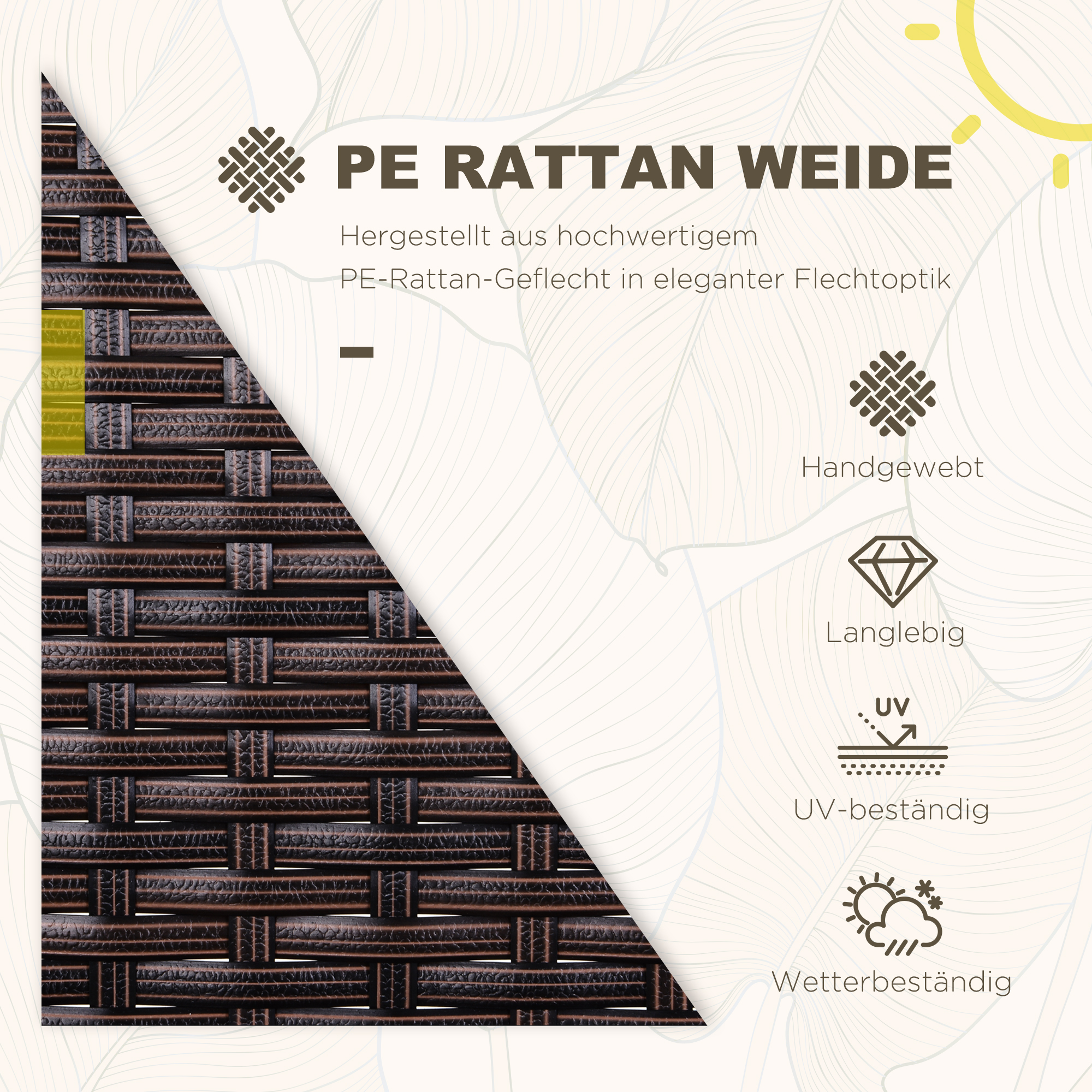 Nahaufnahme von Rattan-Geflecht. Text beschreibt das Material als PE-Rattan, handgewebt, UV- und wetterbeständig.