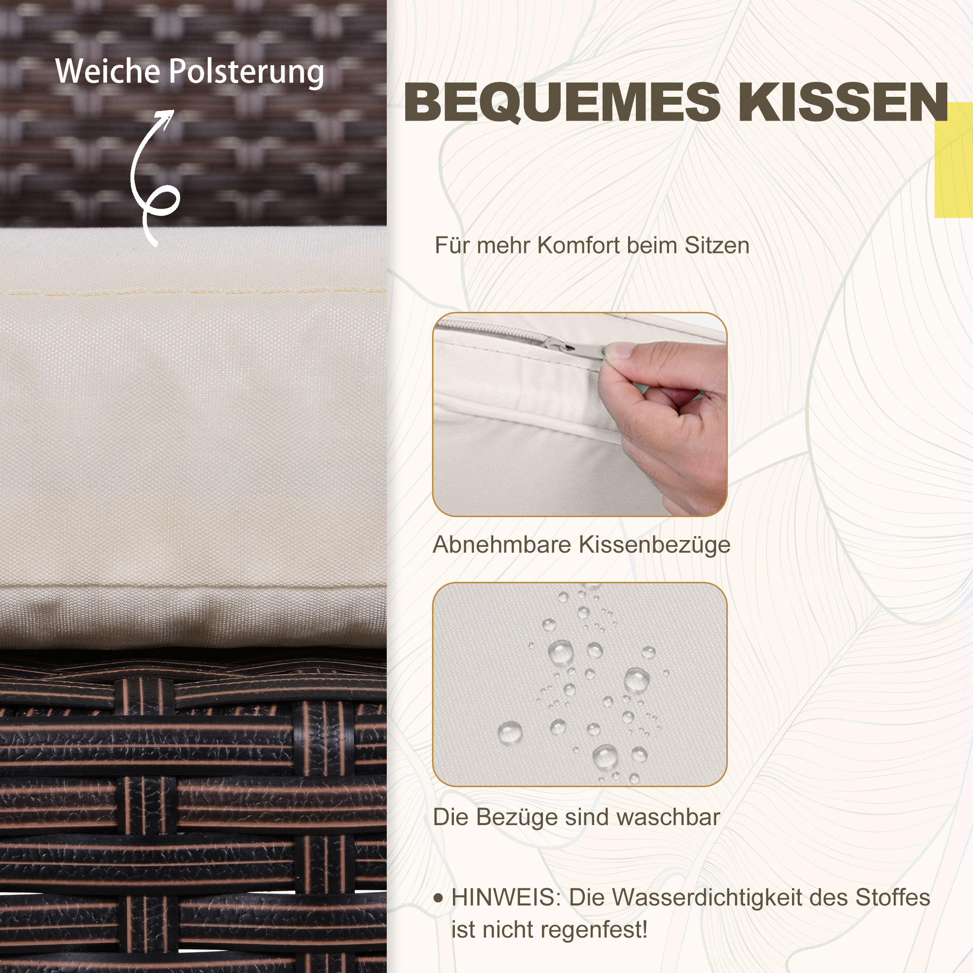 Nahaufnahme eines beigen Kissens mit Text. Details zu abnehmbaren Bezügen und Wasserbeständigkeit sind sichtbar.