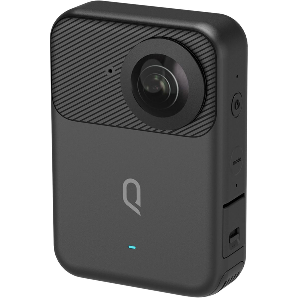 Schwarze Kandao 360-Grad-Kamera. Sie hat ein Objektiv, einen Bildschirm mit einer Straßenszene und Knöpfe.