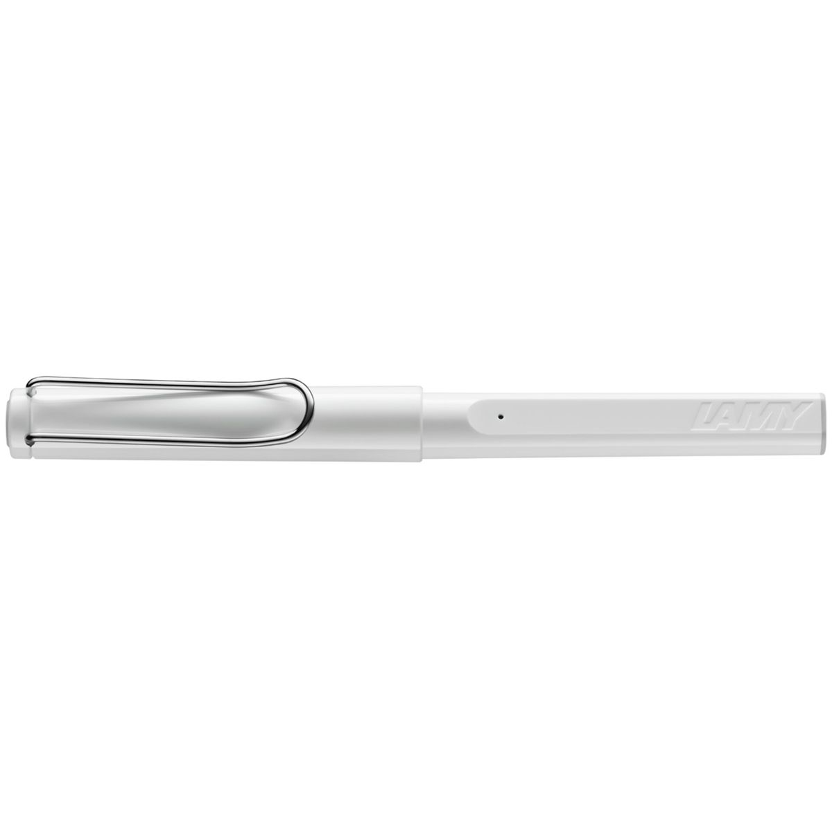 Weißer Lamy Stift. Nahaufnahme des Stifts. Der Stift hat einen silbernen Clip und das Lamy-Logo.