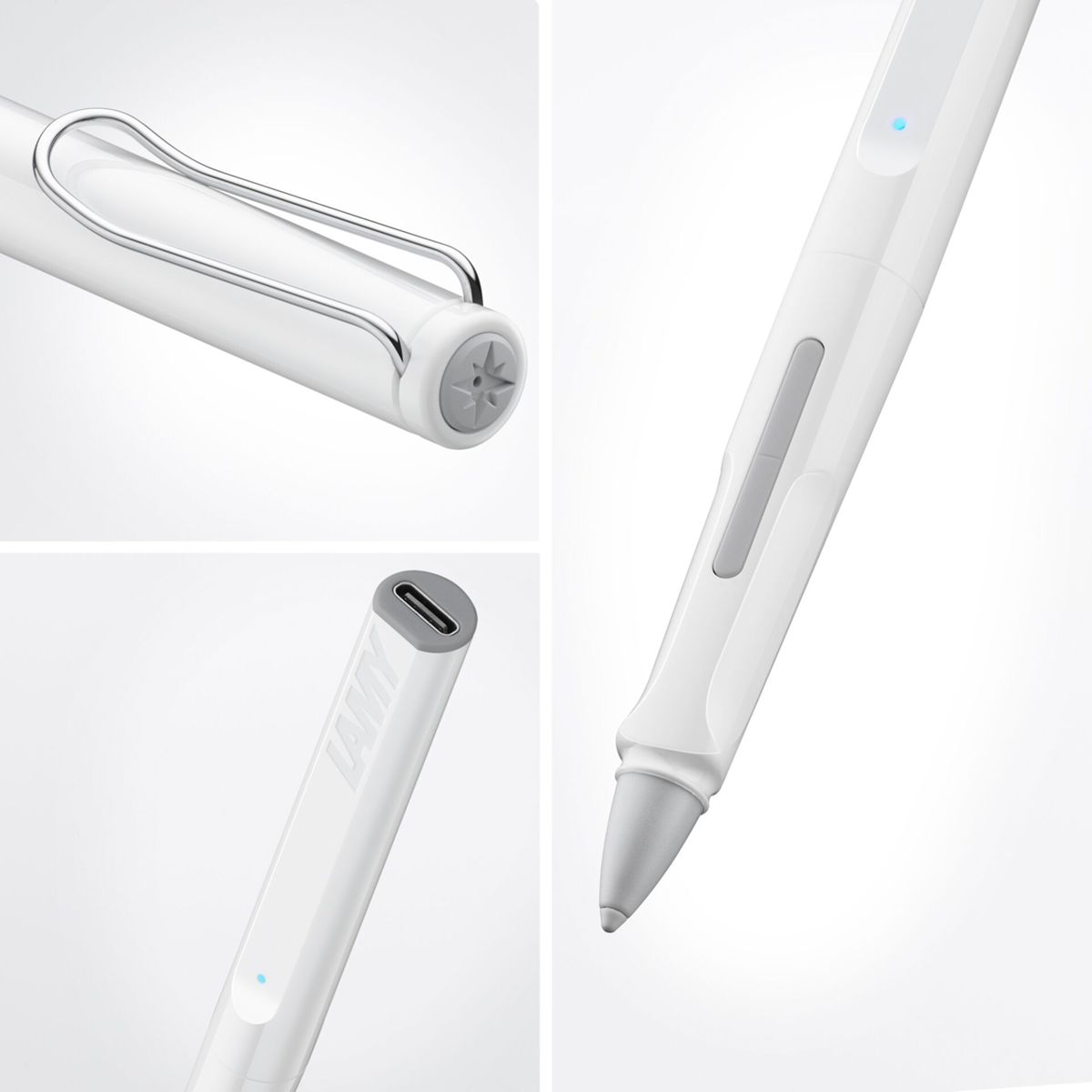 Weißer Lamy Stift. Nahaufnahmen des Stifts, die die Spitze, die Seite und den USB-C-Ladeanschluss zeigen.