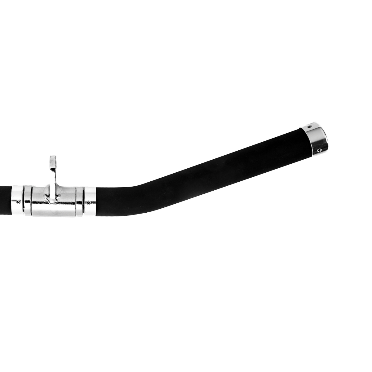 Black and silver gym bar. It is curved and has a black rubber grip.