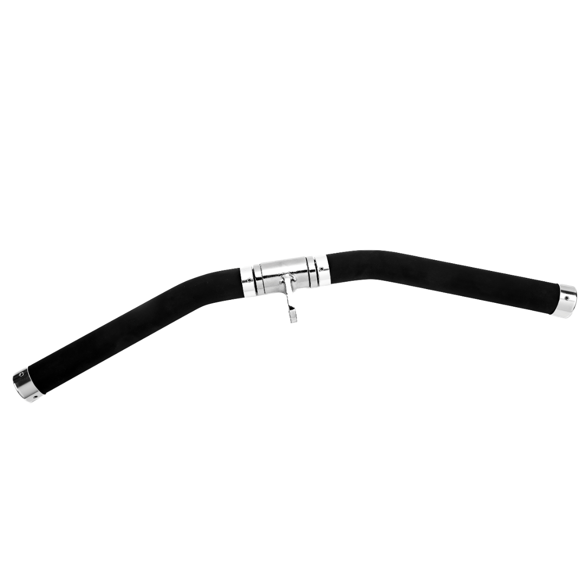 A black pull-up bar with silver accents. Curved shape with rubber grips at the ends.