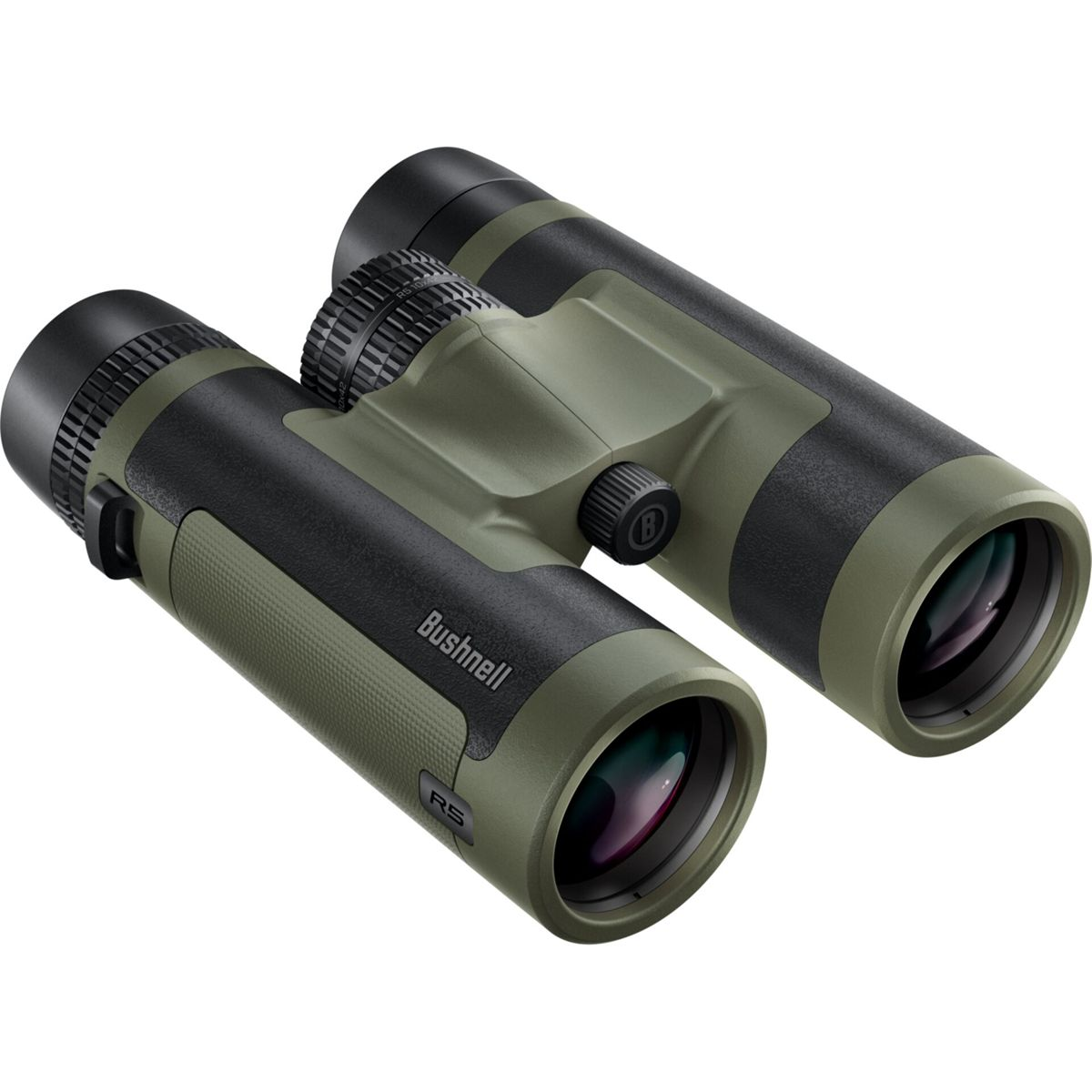 Binocolo verde e nero con il logo Bushnell. Ha una rotella di messa a fuoco e impugnature in gomma.