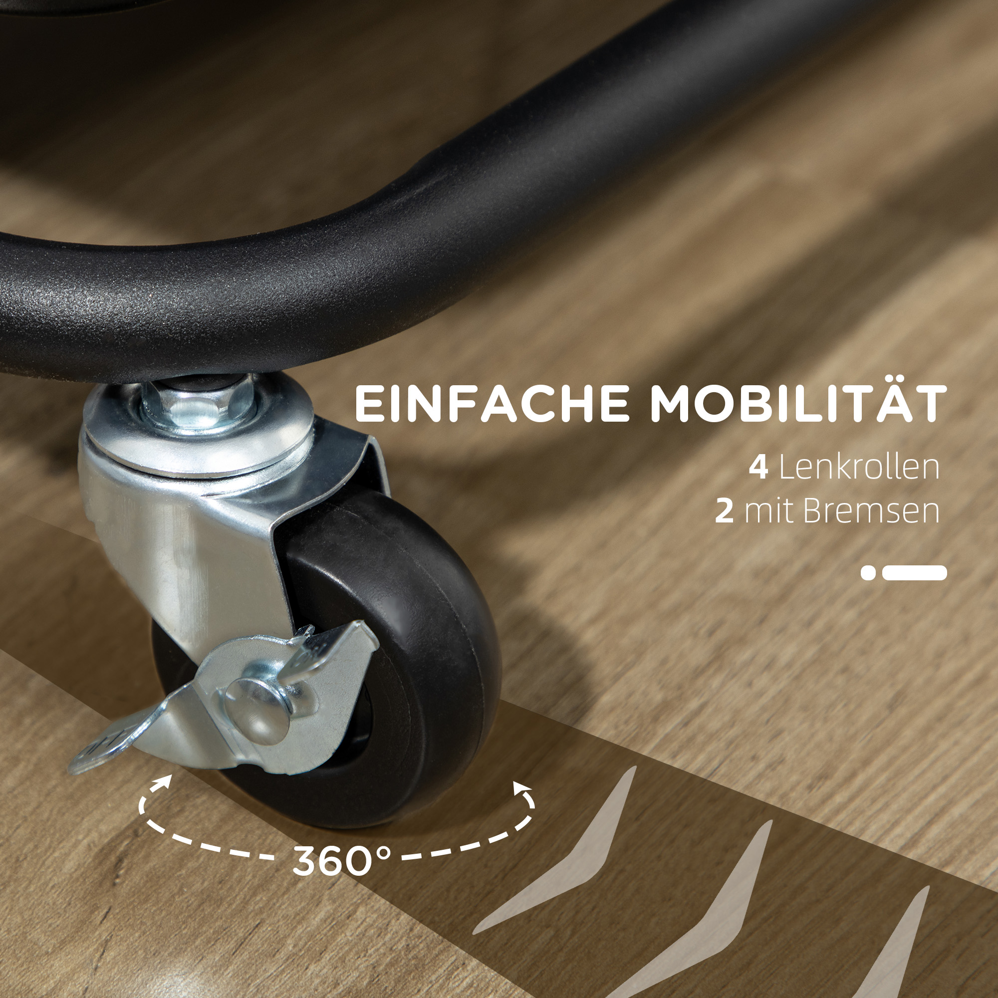 Nahaufnahme eines schwarzen Rades mit einem 360-Grad-Pfeil, Text, der einfache Mobilität mit 4 Rädern anzeigt.