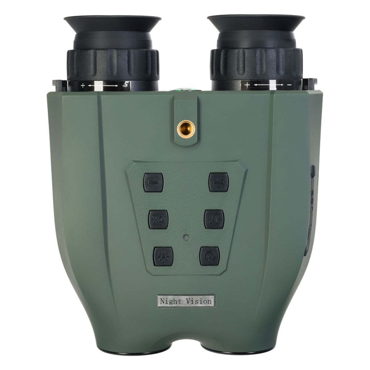Binocolo per visione notturna verde con pulsanti e testo, sfondo bianco.