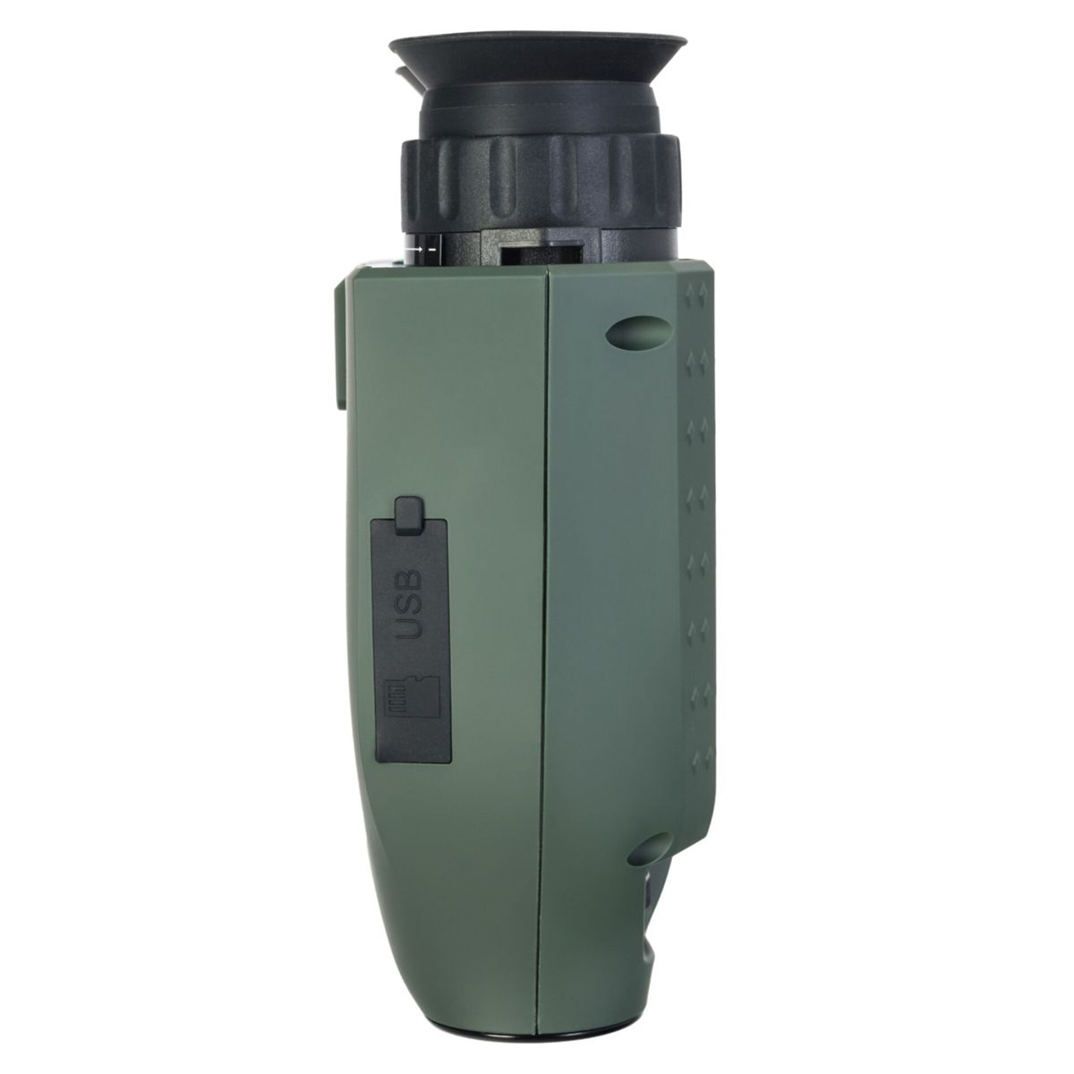 Dispositivo per la visione notturna monoculare verde. Porta USB sul lato. Sfondo bianco.