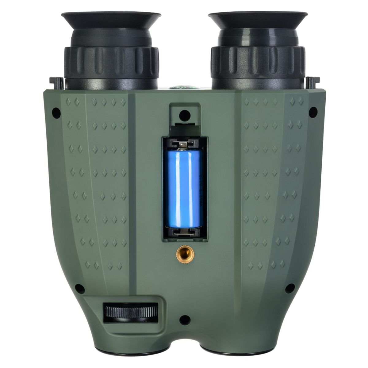 Binocolo verde e nero con vano batteria aperto.