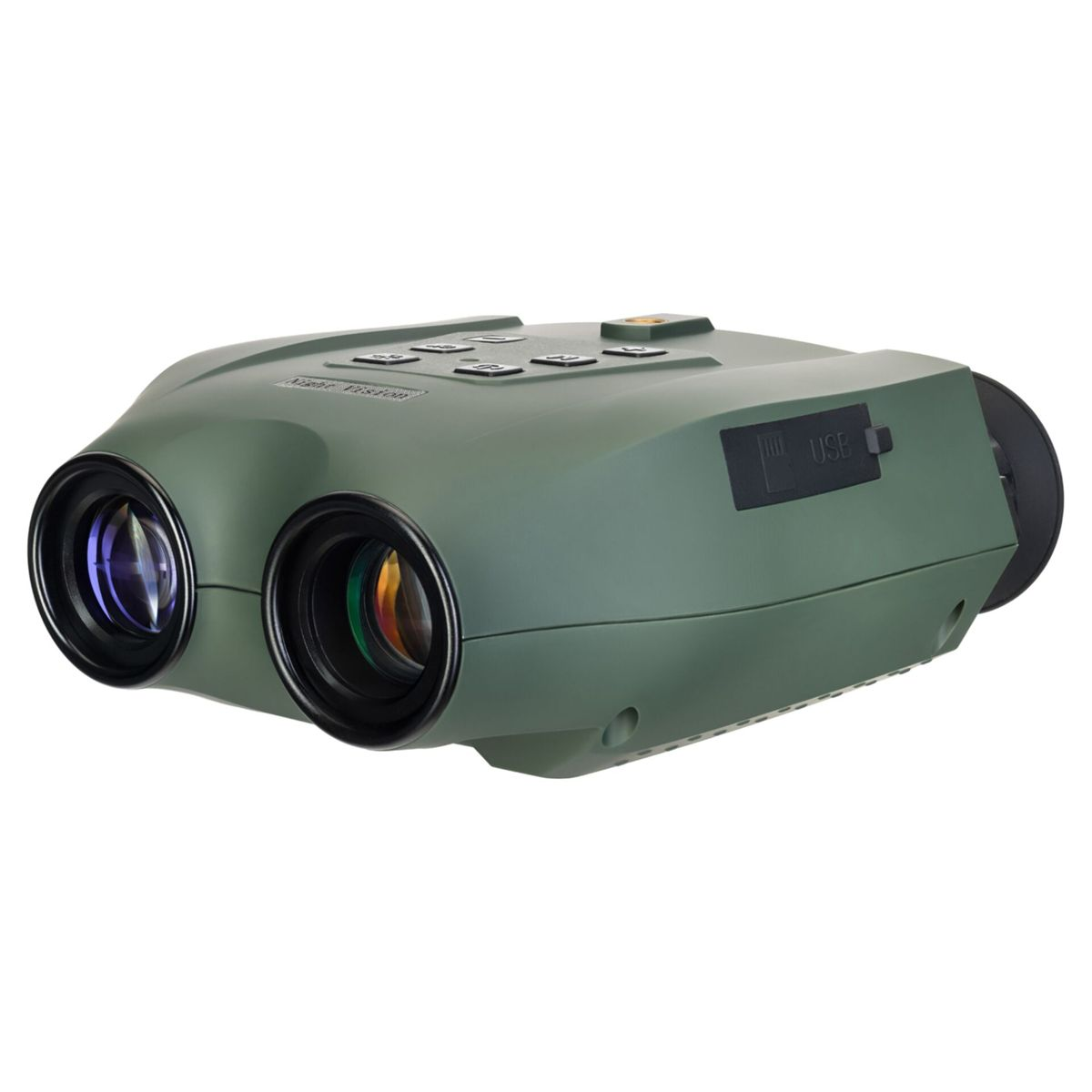 Binocolo per visione notturna verde, vista angolata, sfondo bianco.