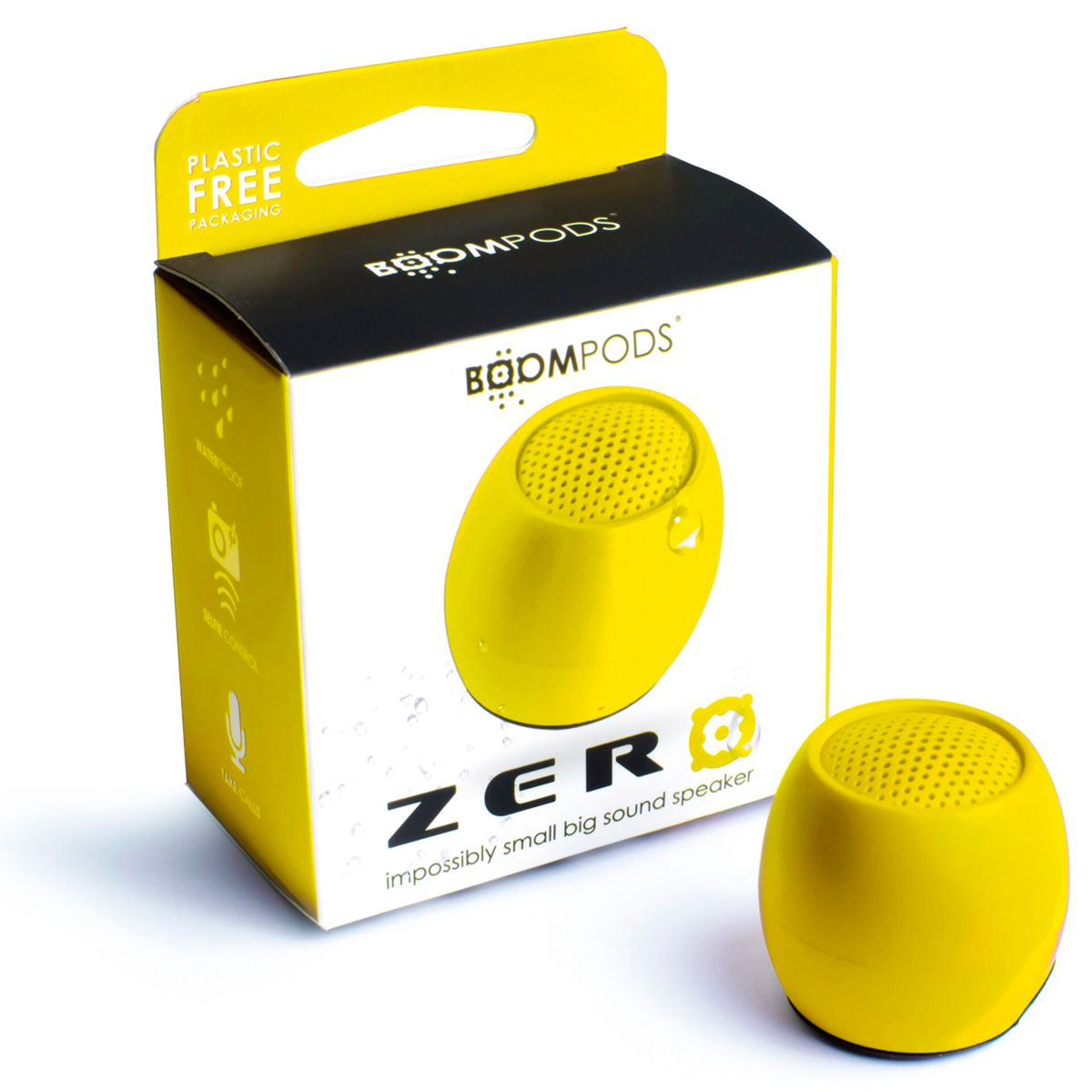 Altoparlante giallo con scatola bianca, etichetta imballaggio senza plastica.