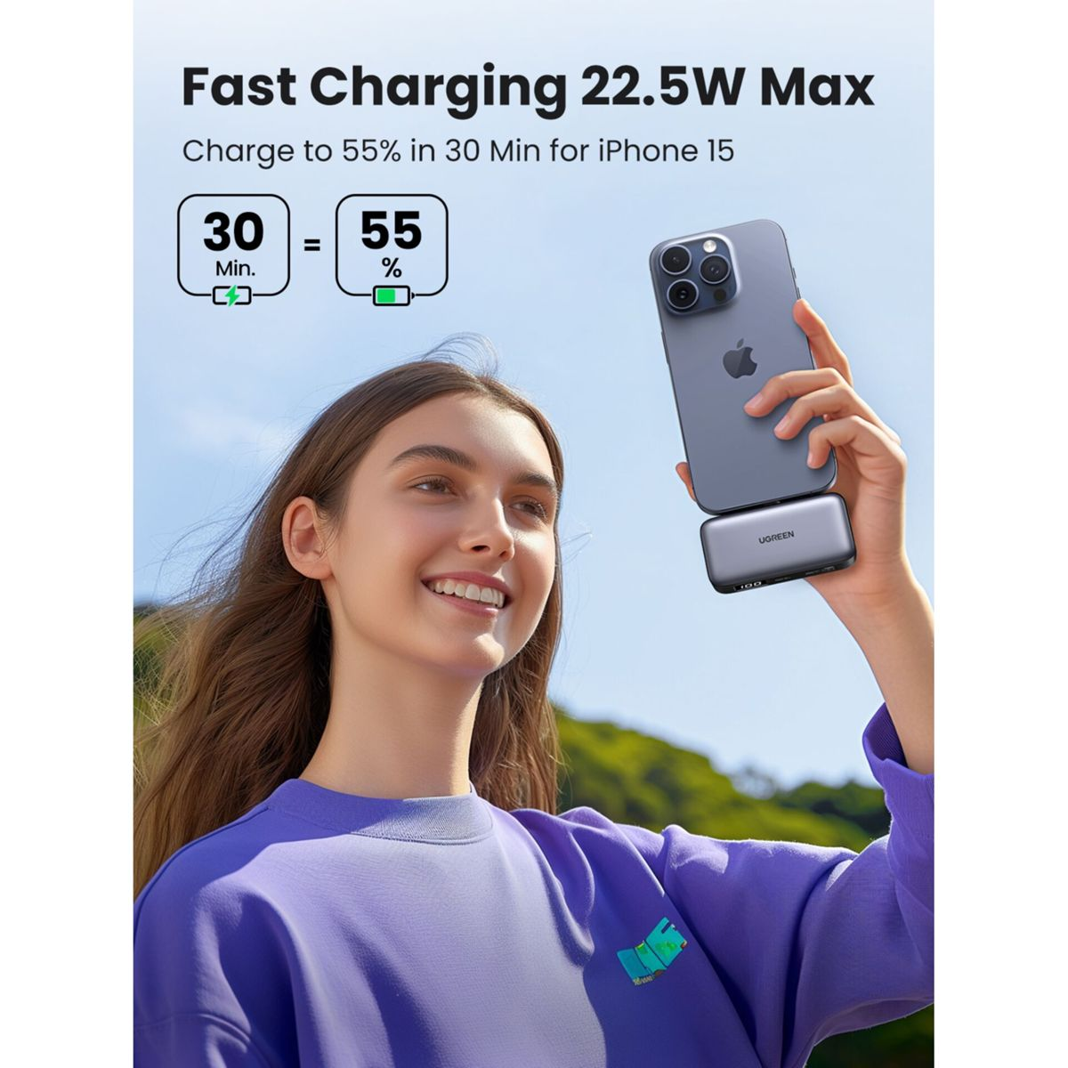 Kobieta trzyma telefon ładujący się z power banku. Tekst mówi o szybkim ładowaniu.