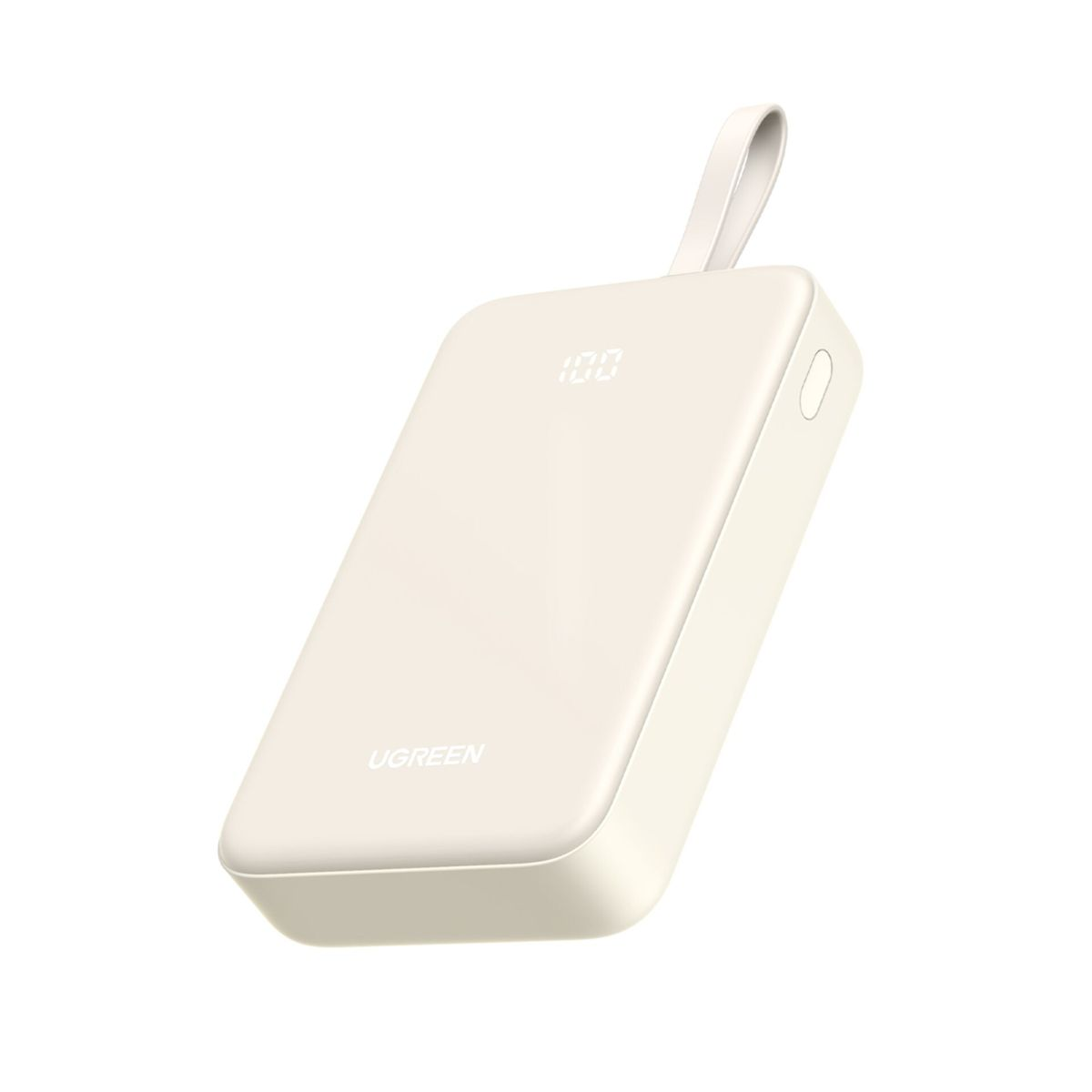 Beige UGREEN powerbank met digitaal display met 100. Witte achtergrond.