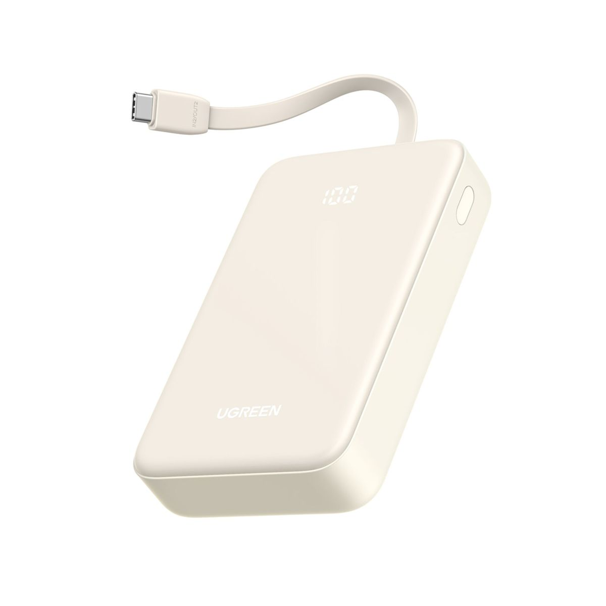 Beige UGREEN powerbank met USB-C-kabel en digitaal display met 100. Witte achtergrond.