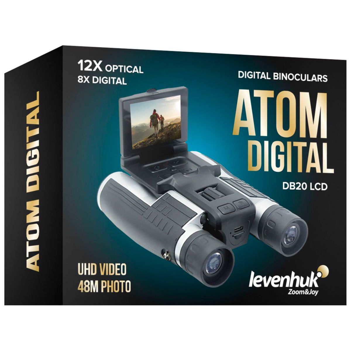 Digitales Fernglas mit Bildschirm. Box: 'ATOM DIGITAL' und 'UHD VIDEO'.