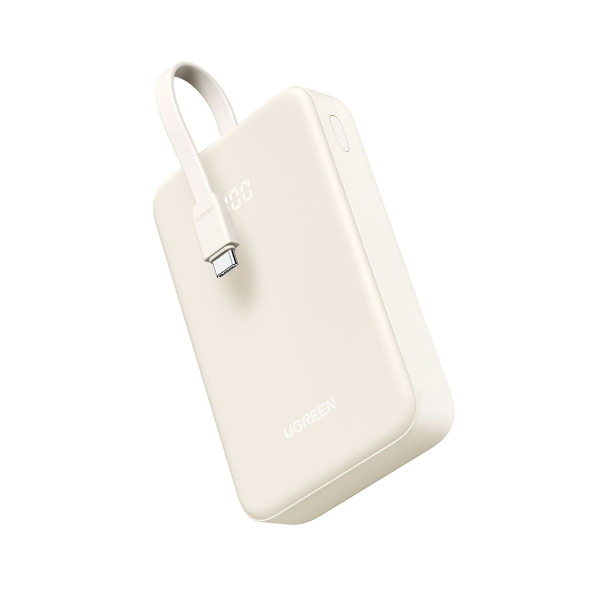 Beige UGREEN powerbank met USB-C-kabel en digitaal display met 100. Witte achtergrond.