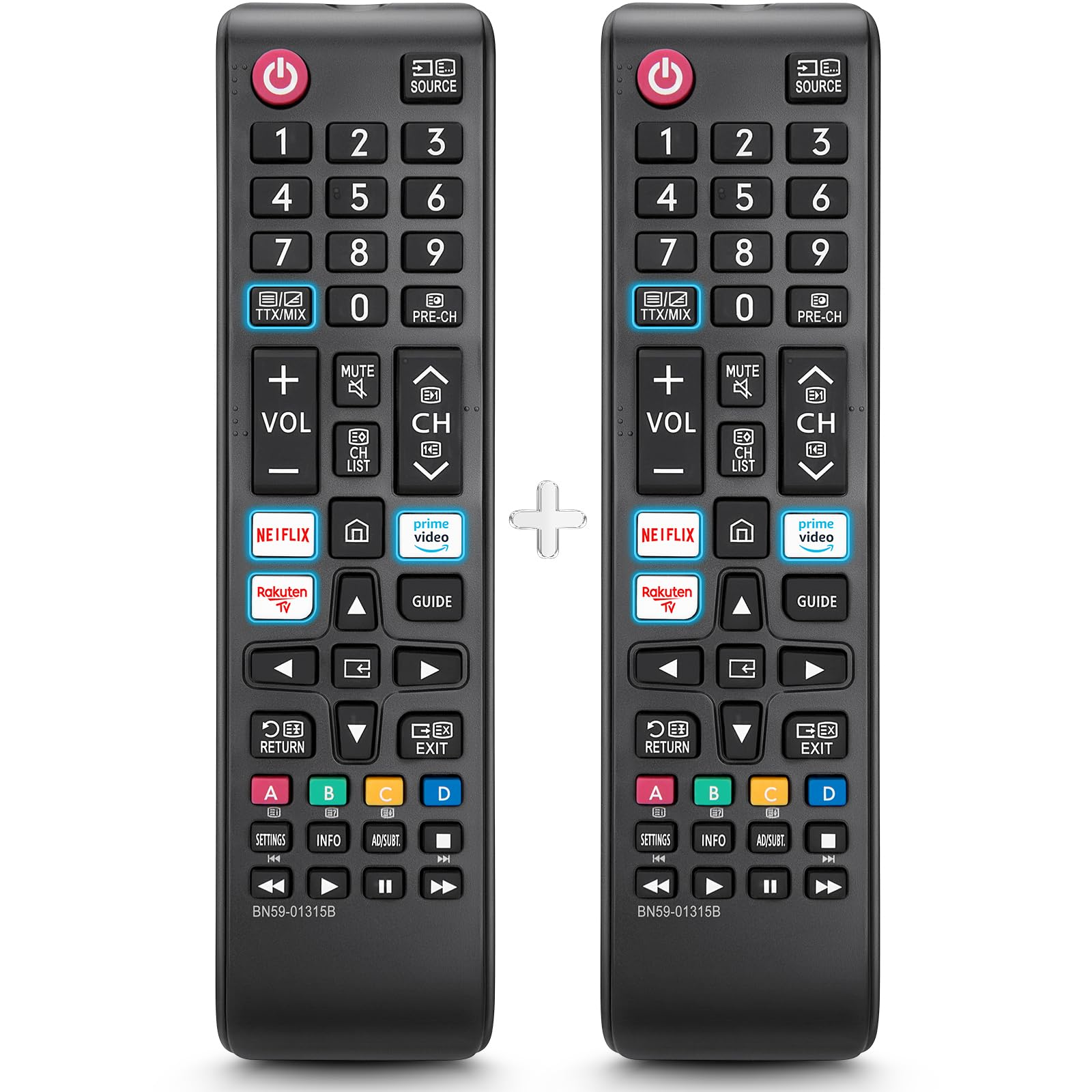 Zwei schwarze TV-Fernbedienungen. Sie haben verschiedene Tasten, darunter Netflix und Prime Video.