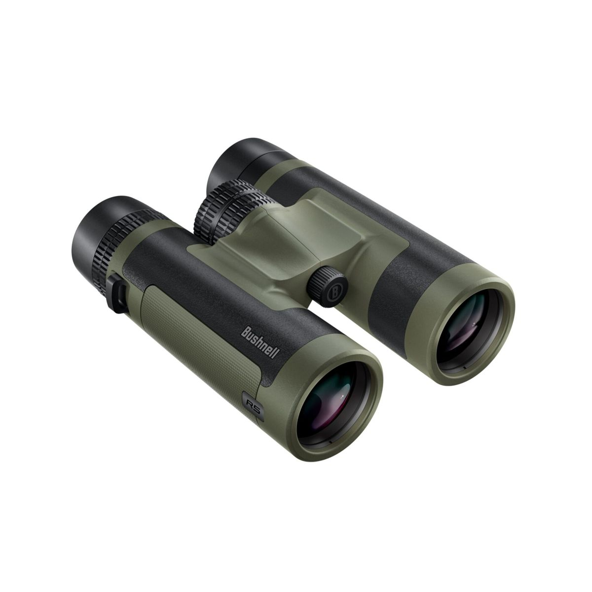 Binocolo, verde e nero, con logo Bushnell. Le lenti sono visibili.