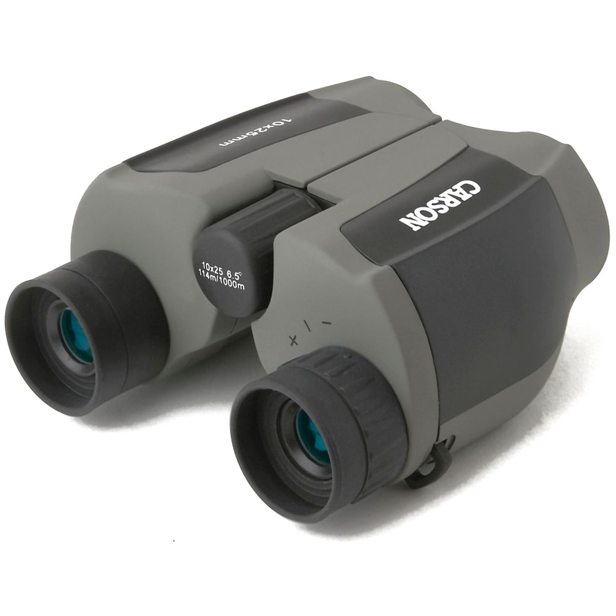 Szare i czarne lornetki Carson, oznaczone 10x25mm i 10-25 6.5°.