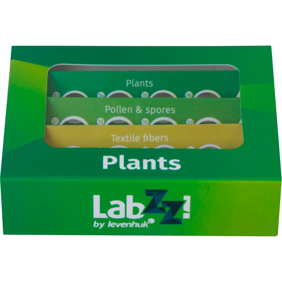 Scatola verde con finestra trasparente che mostra vetrini con 'Piante', 'Polline'.