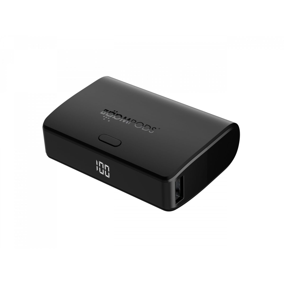 Power bank Boompods nero con display digitale che mostra 100.