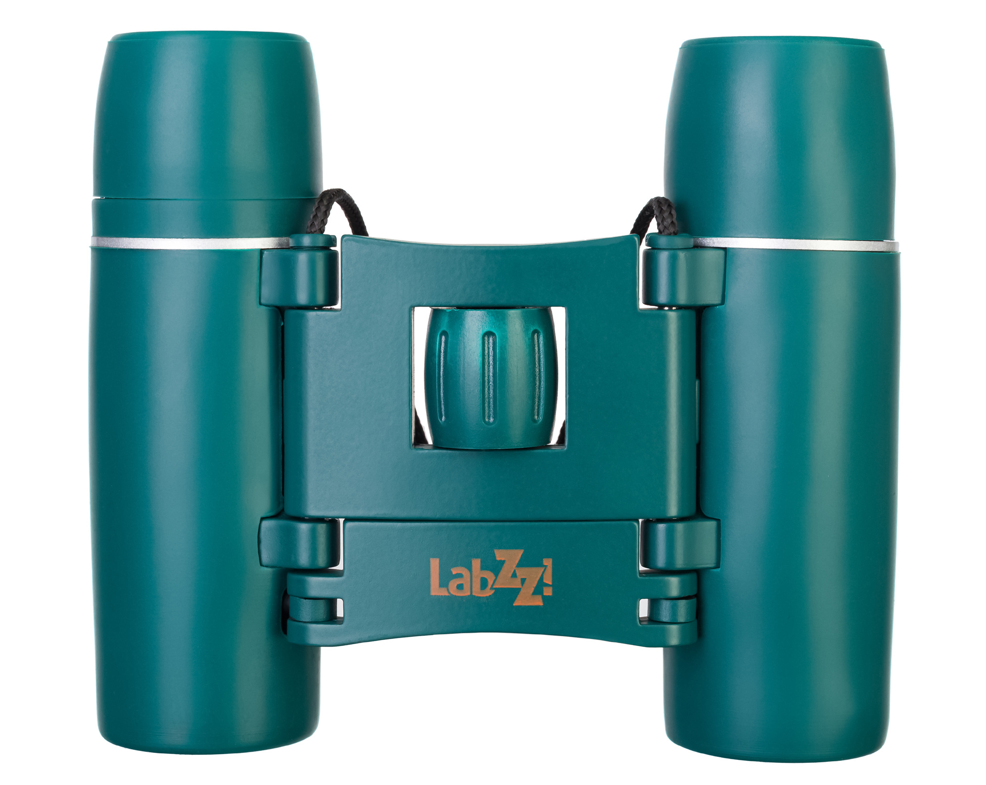 Binocolo verde, primo piano, con logo Labzz sulla cerniera centrale e un cinturino nero.